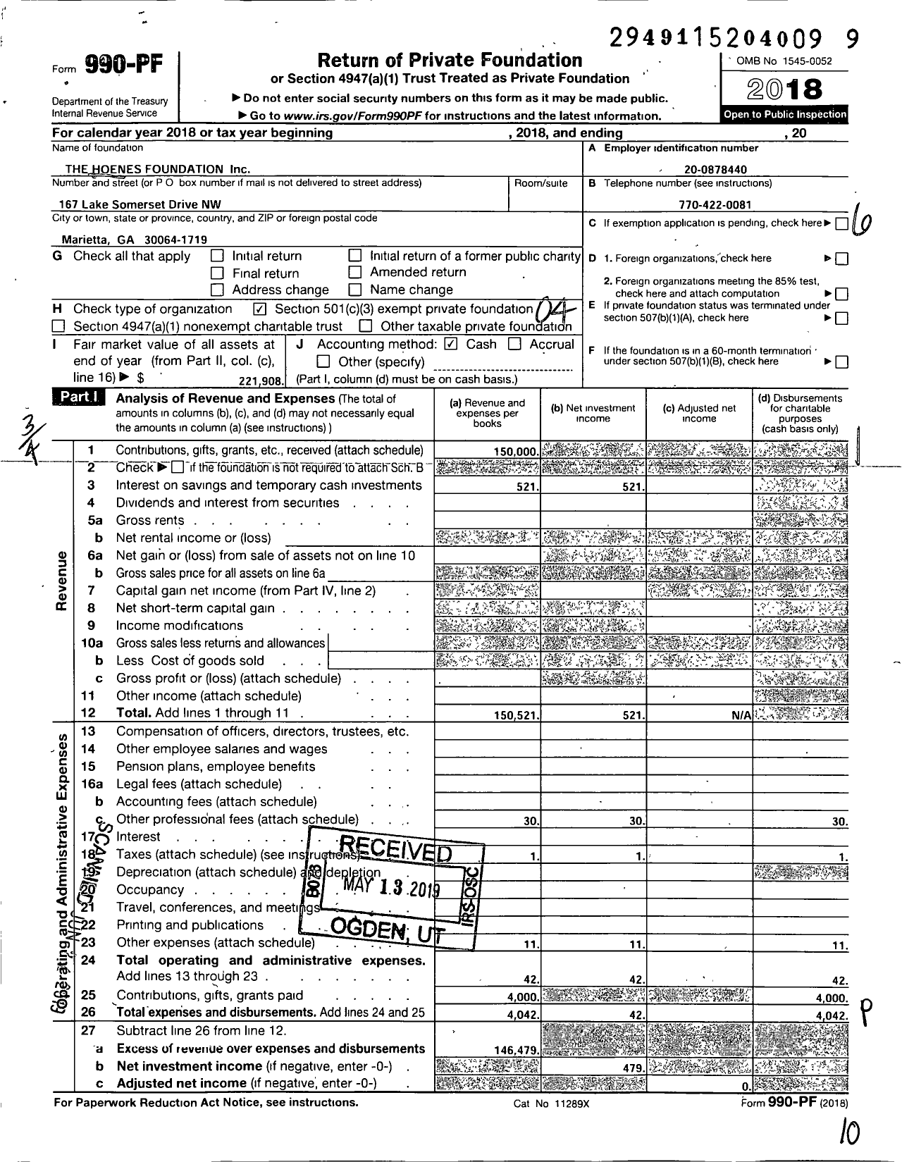 Image of first page of 2018 Form 990PF for The HOENES FOUNDATION