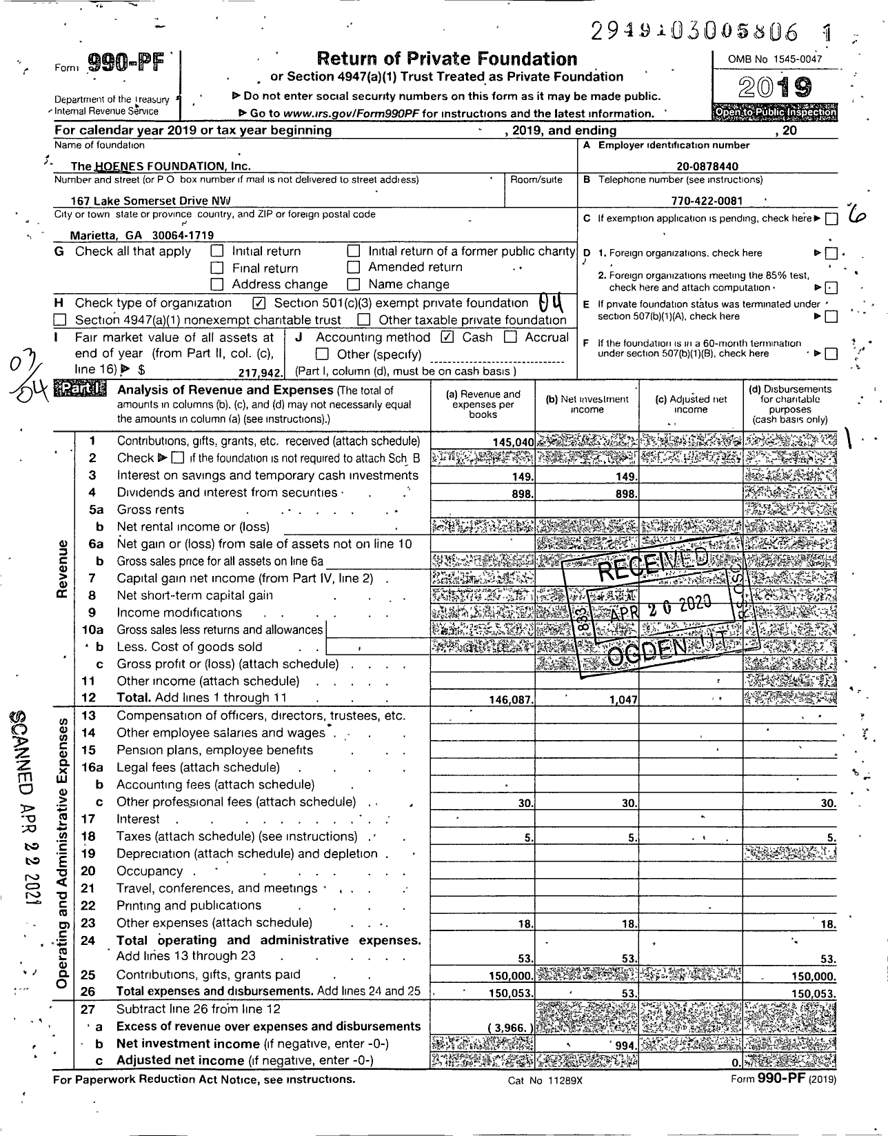Image of first page of 2019 Form 990PF for The HOENES FOUNDATION