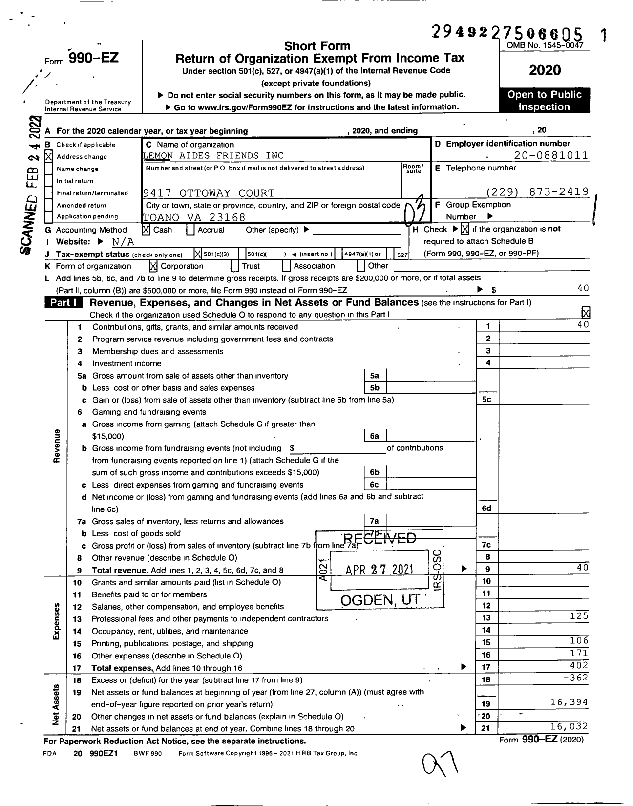 Image of first page of 2020 Form 990EZ for Lemon Aides Friends