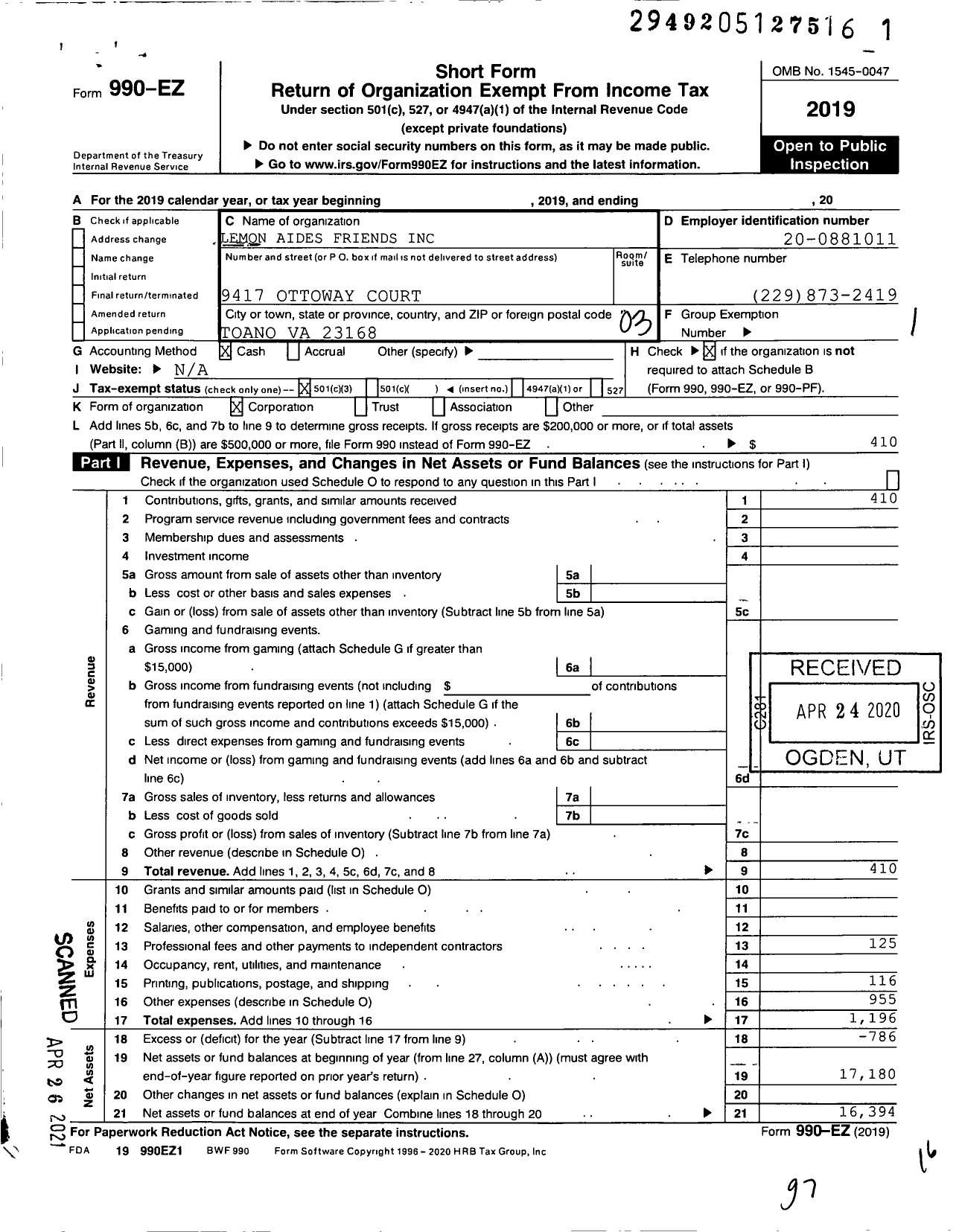 Image of first page of 2019 Form 990EZ for Lemon Aides Friends