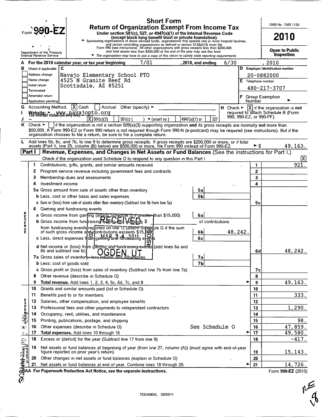 Image of first page of 2009 Form 990EZ for Navajo Elementary School Pto