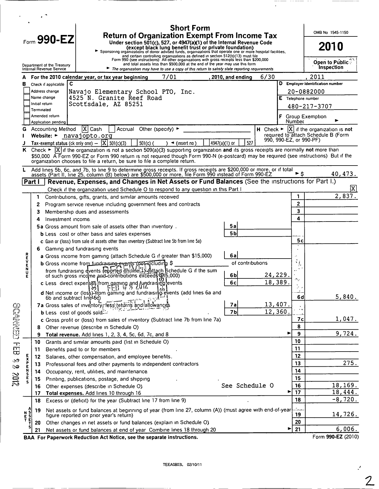 Image of first page of 2010 Form 990EZ for Navajo Elementary School Pto