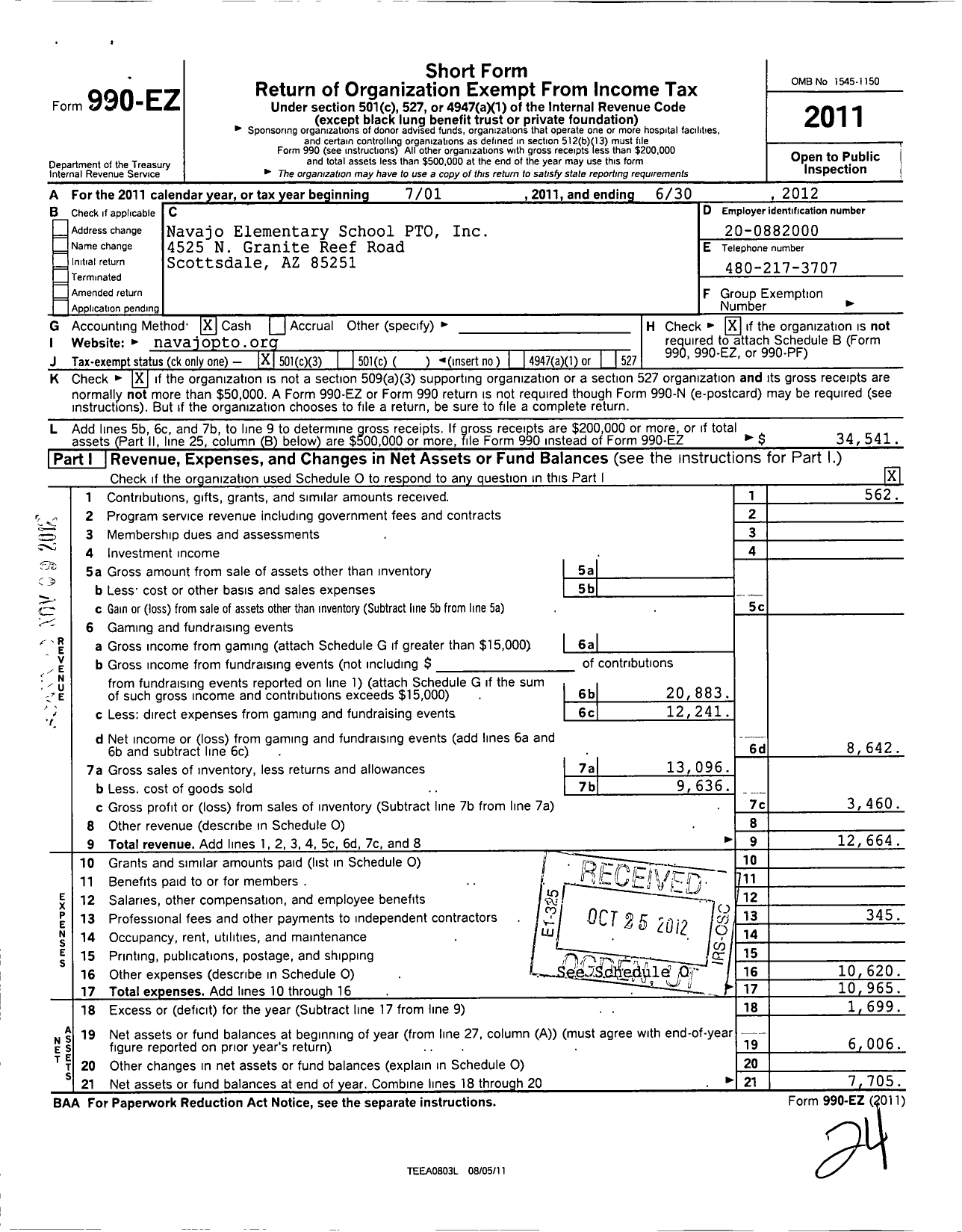 Image of first page of 2011 Form 990EZ for Navajo Elementary School Pto