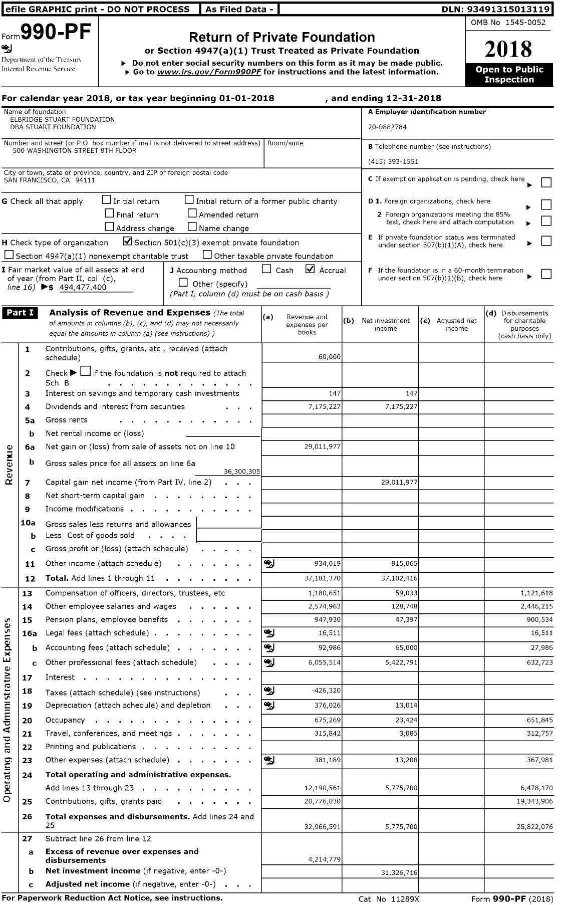 Image of first page of 2018 Form 990PF for Stuart Foundation