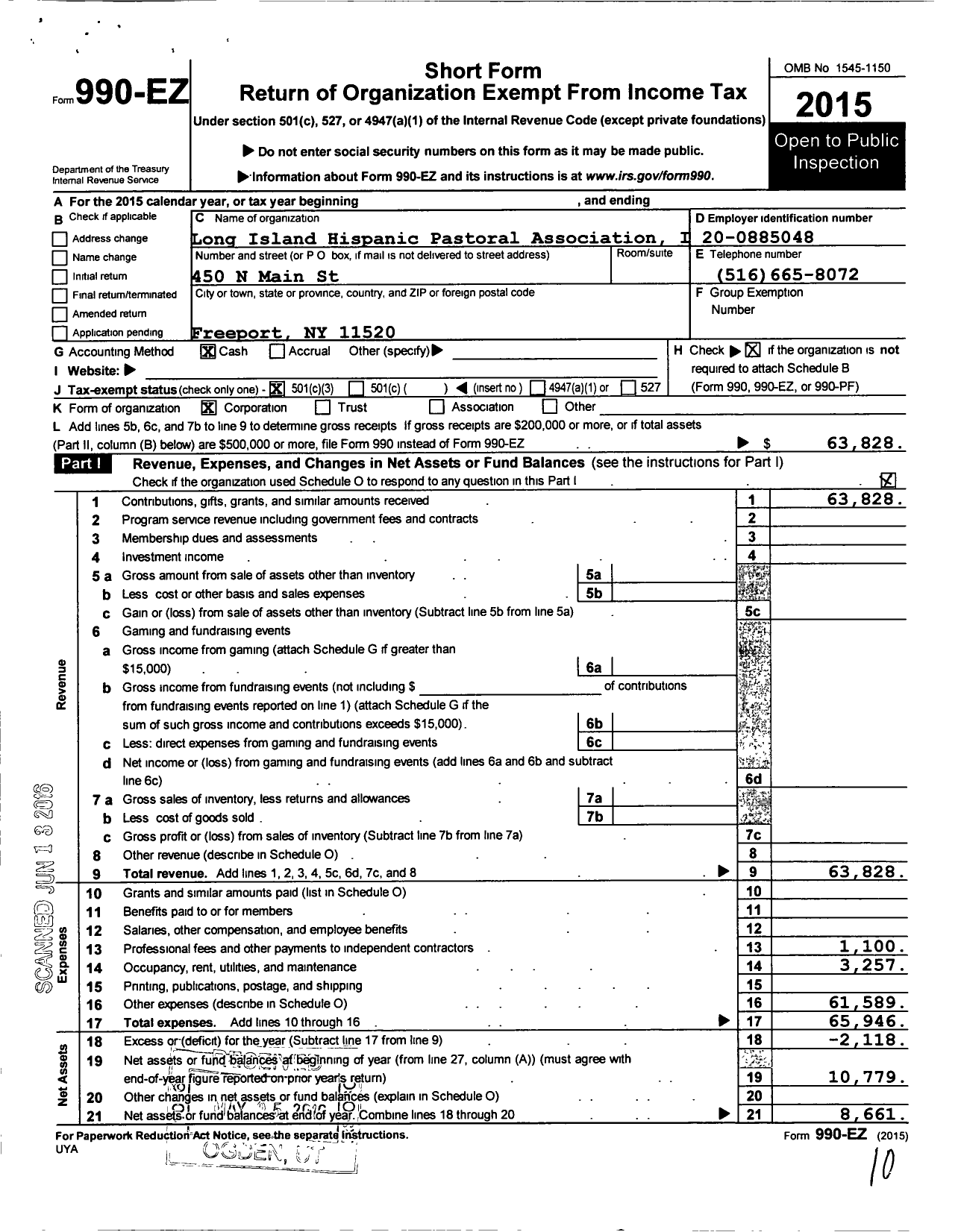 Image of first page of 2015 Form 990EZ for Long Island Hispanic Pastoral Association