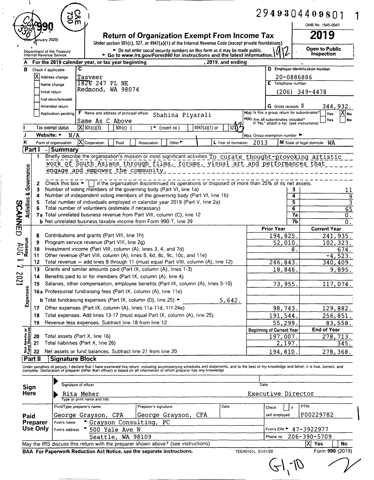 Image of first page of 2019 Form 990 for Tasveer