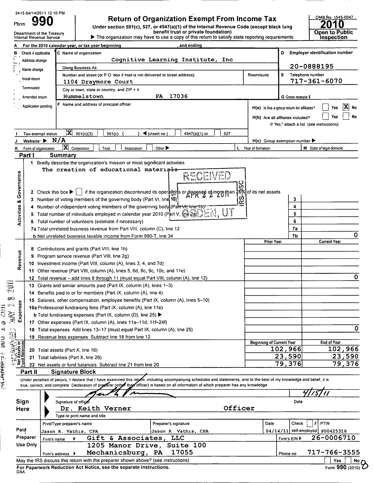 Image of first page of 2010 Form 990 for Cognitive Learning Institute