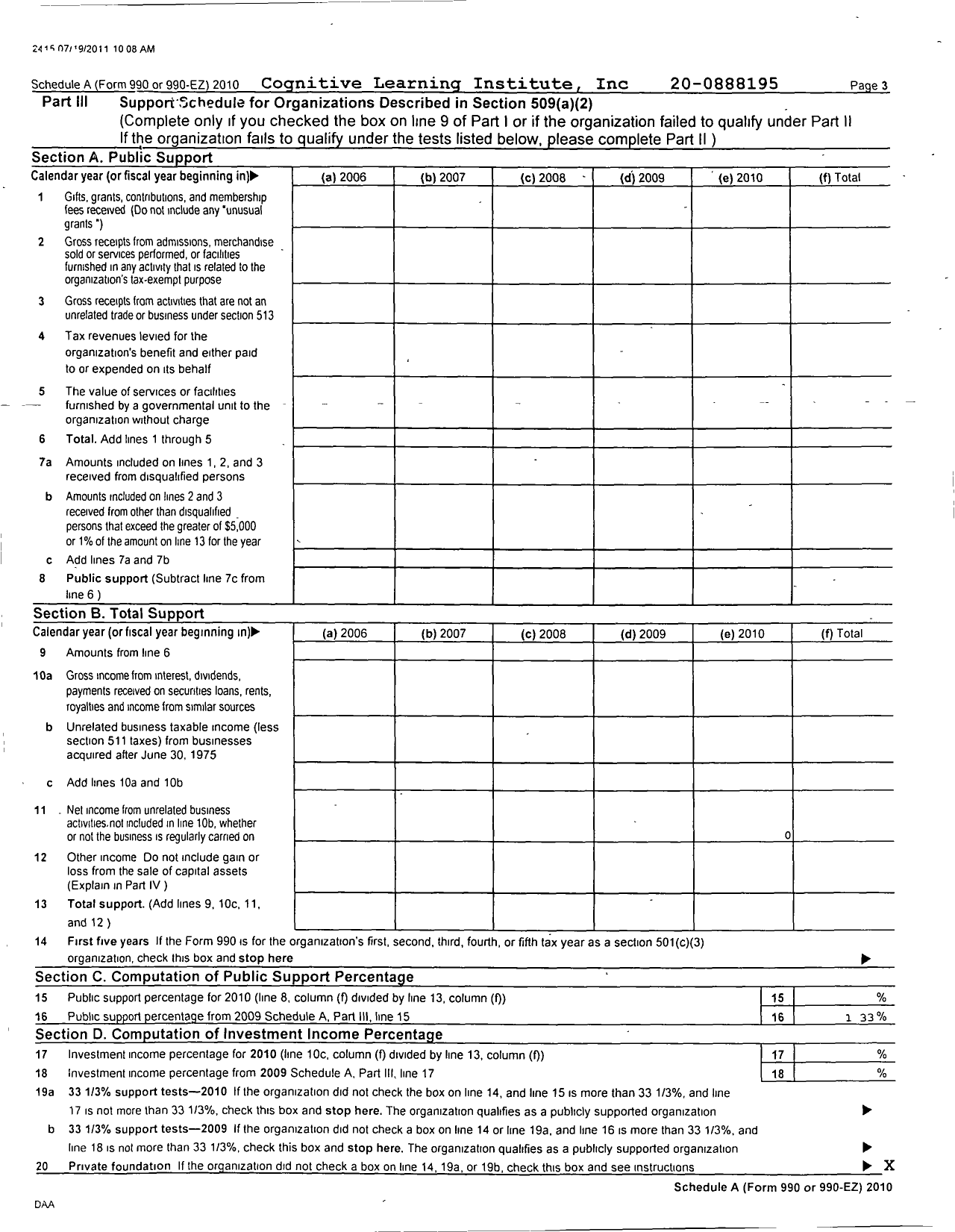 Image of first page of 2010 Form 990R for Cognitive Learning Institute