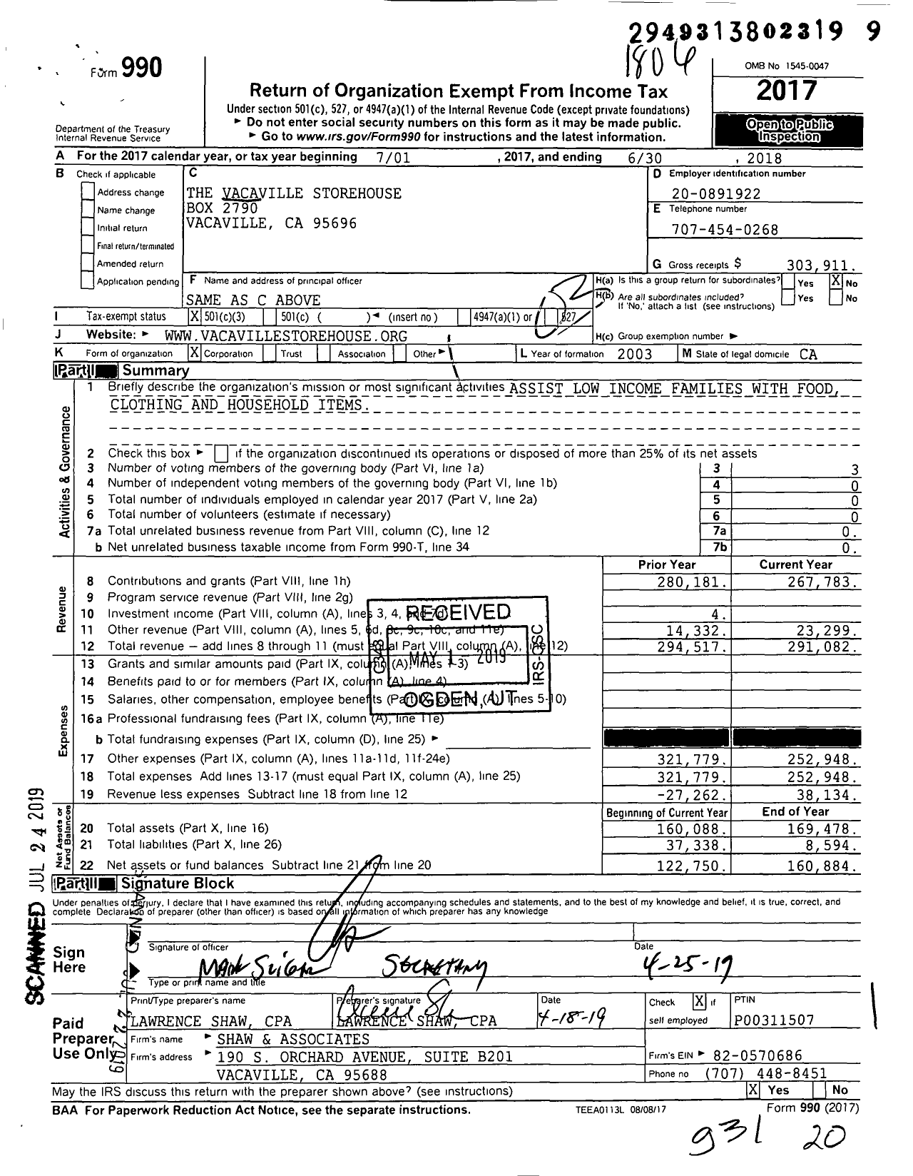 Image of first page of 2017 Form 990 for The Vacaville Storehouse