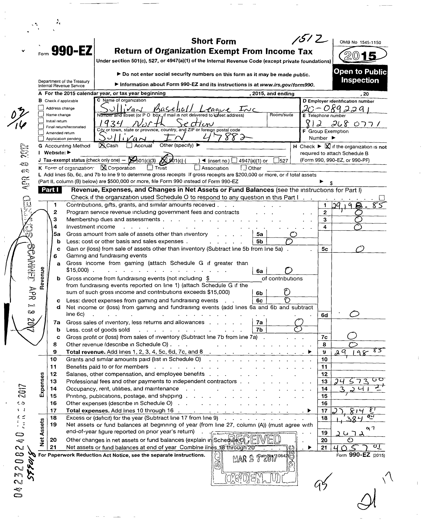 Image of first page of 2015 Form 990EZ for Sullivan Baseball League