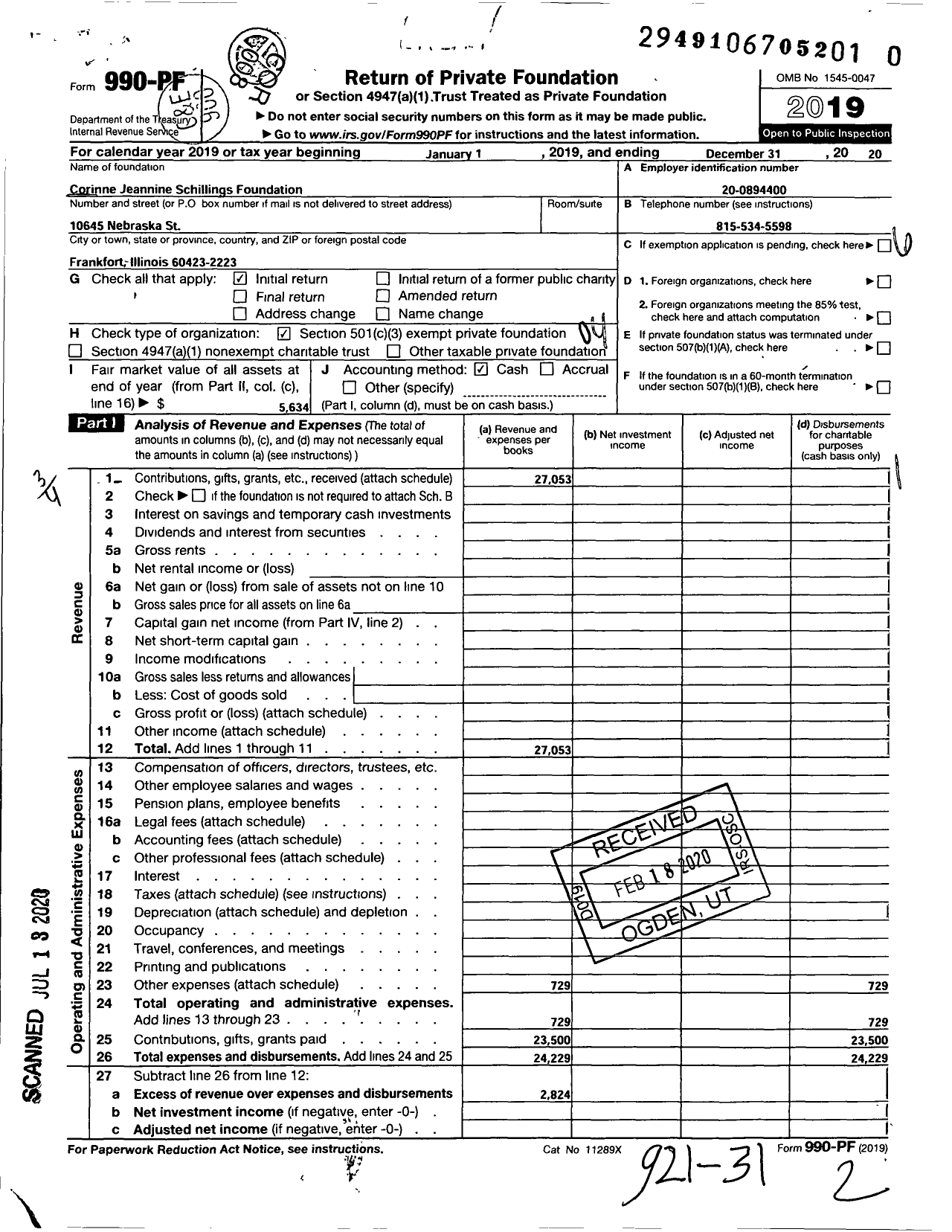 Image of first page of 2019 Form 990PR for Corinne Jeannine Schillings Foundation