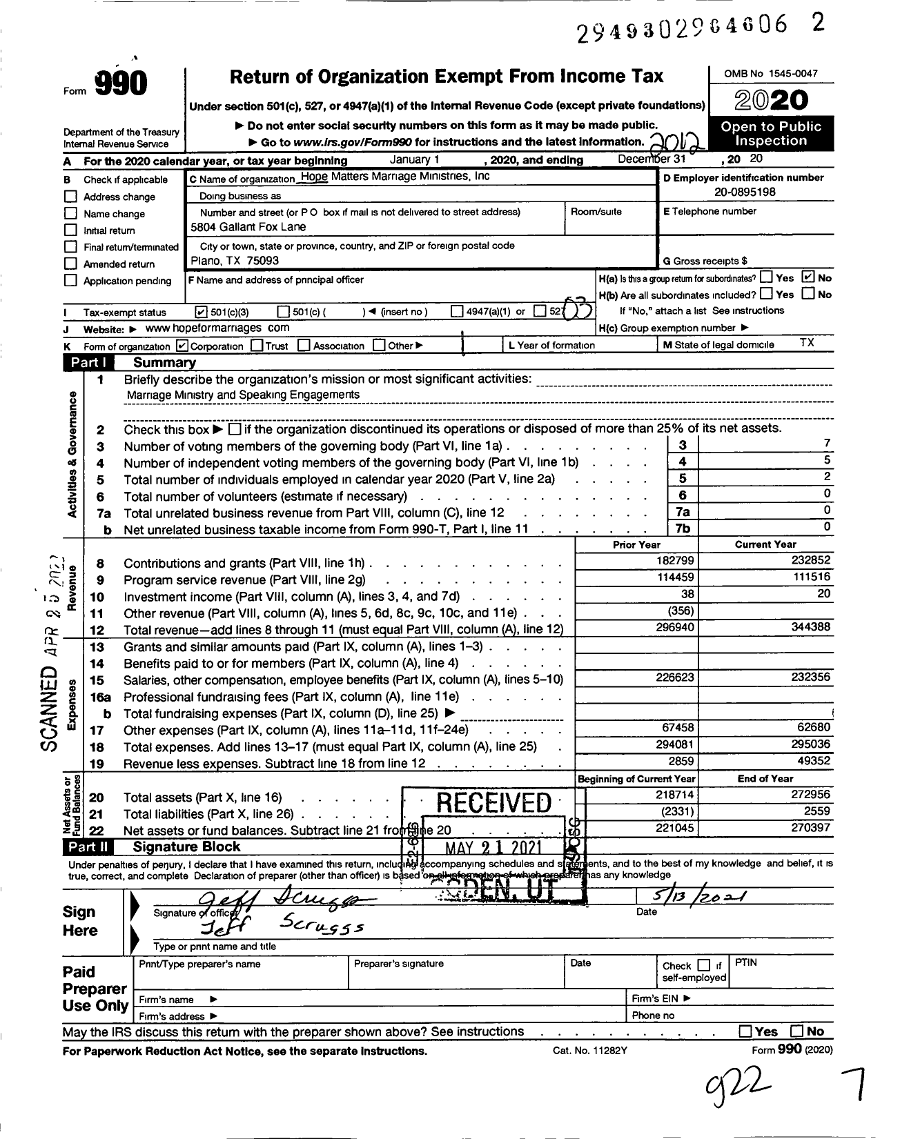 Image of first page of 2020 Form 990 for Hope Matters Marriage Ministries