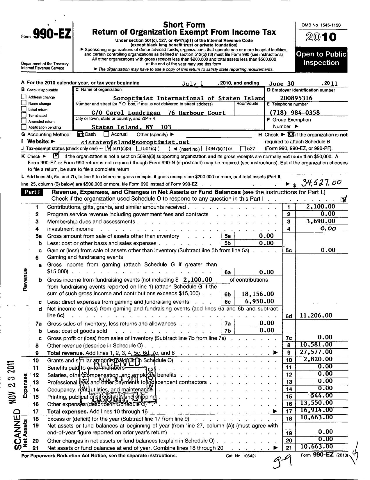 Image of first page of 2010 Form 990EZ for Soroptimist International of the Americas - 102123 Staten Island Ny