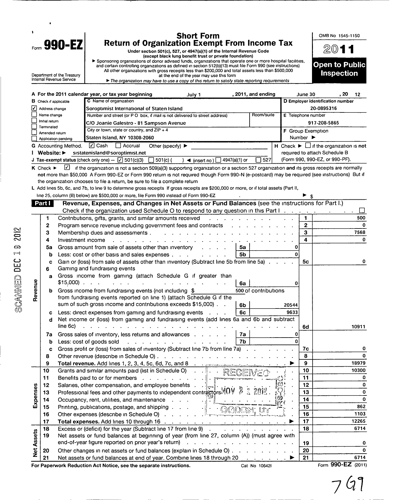 Image of first page of 2011 Form 990EZ for Soroptimist International of the Americas - 102123 Staten Island Ny