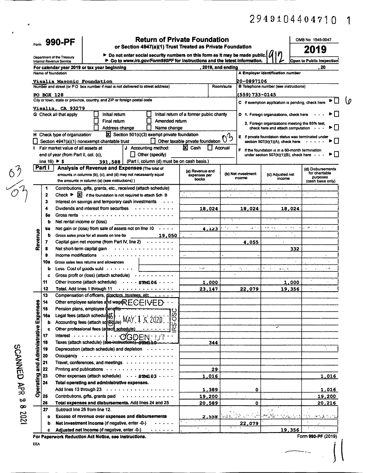 Image of first page of 2019 Form 990PF for Visalia Masonic Foundation