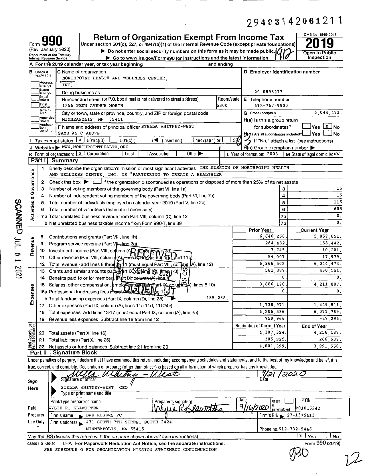 Image of first page of 2019 Form 990 for NorthPoint Health and Wellness Center