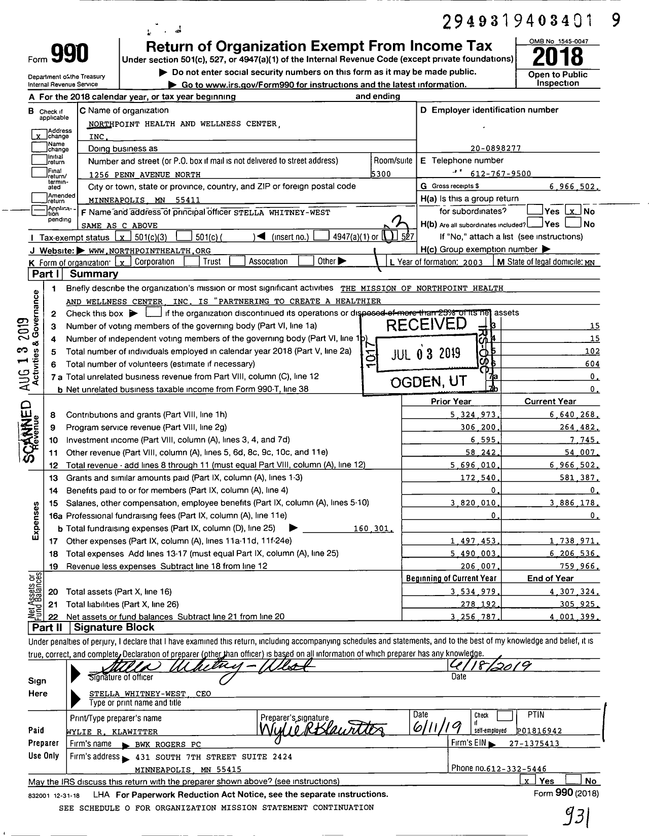 Image of first page of 2018 Form 990 for NorthPoint Health and Wellness Center