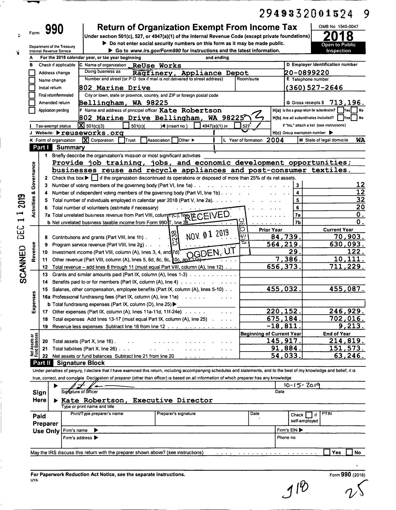 Image of first page of 2018 Form 990 for ReUse Works Ragfinery