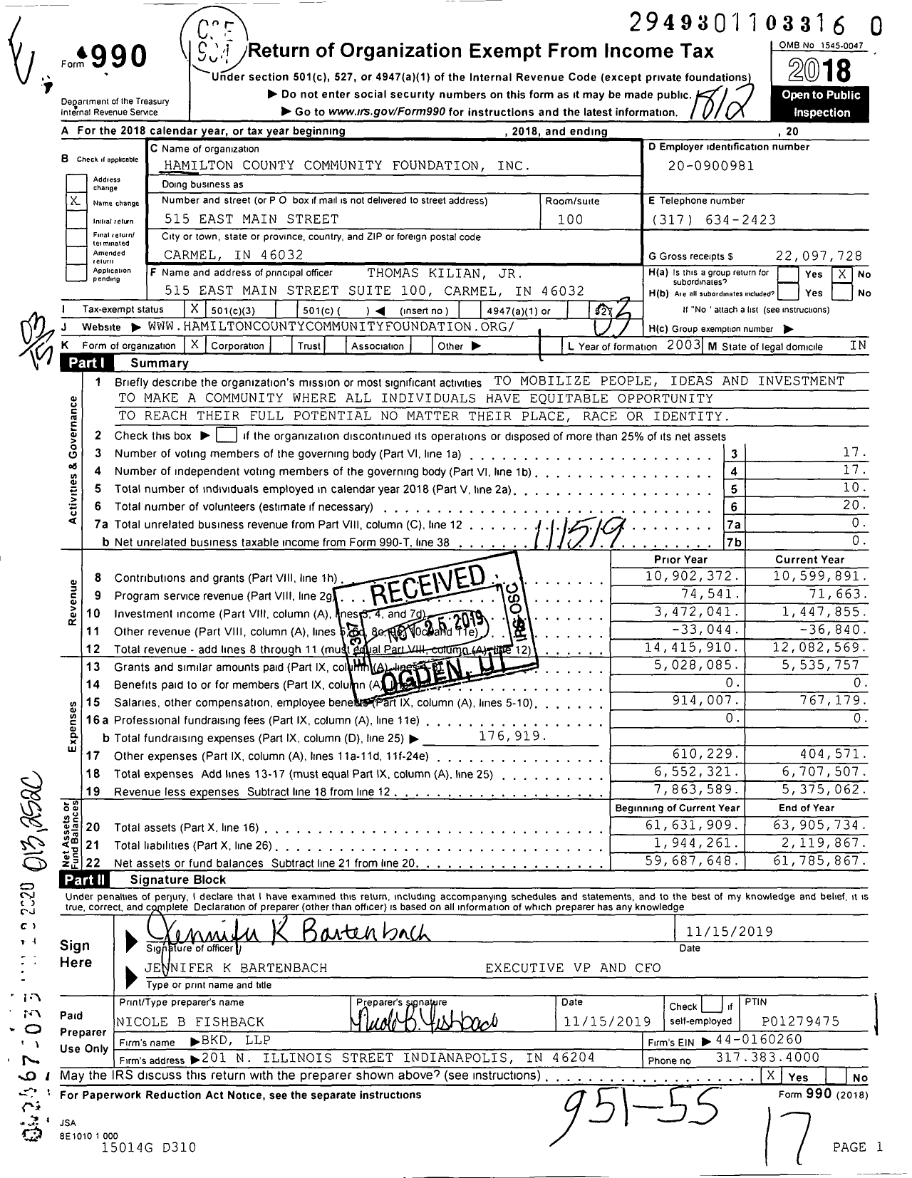 Image of first page of 2018 Form 990 for Hamilton County Community Foundation (CICF)