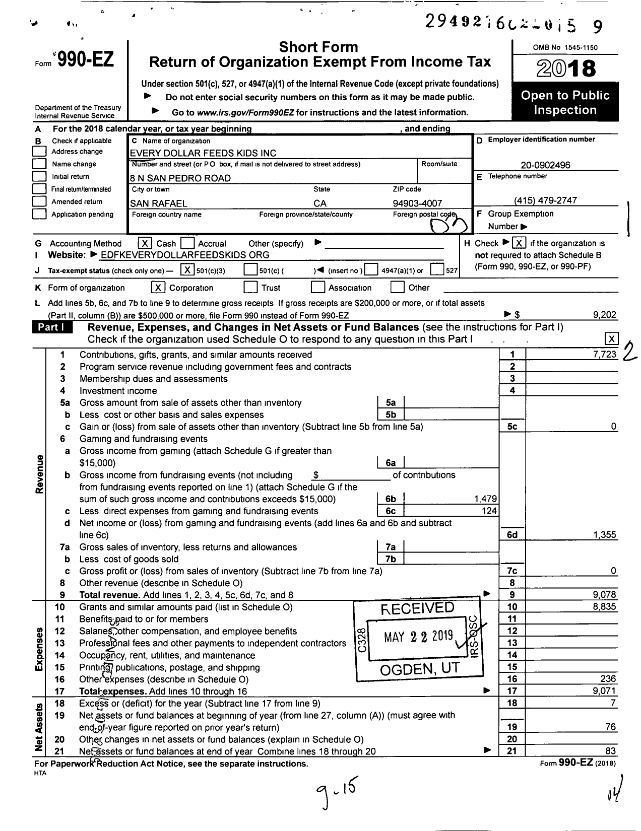 Image of first page of 2018 Form 990EZ for Every Dollar Feeds Kids