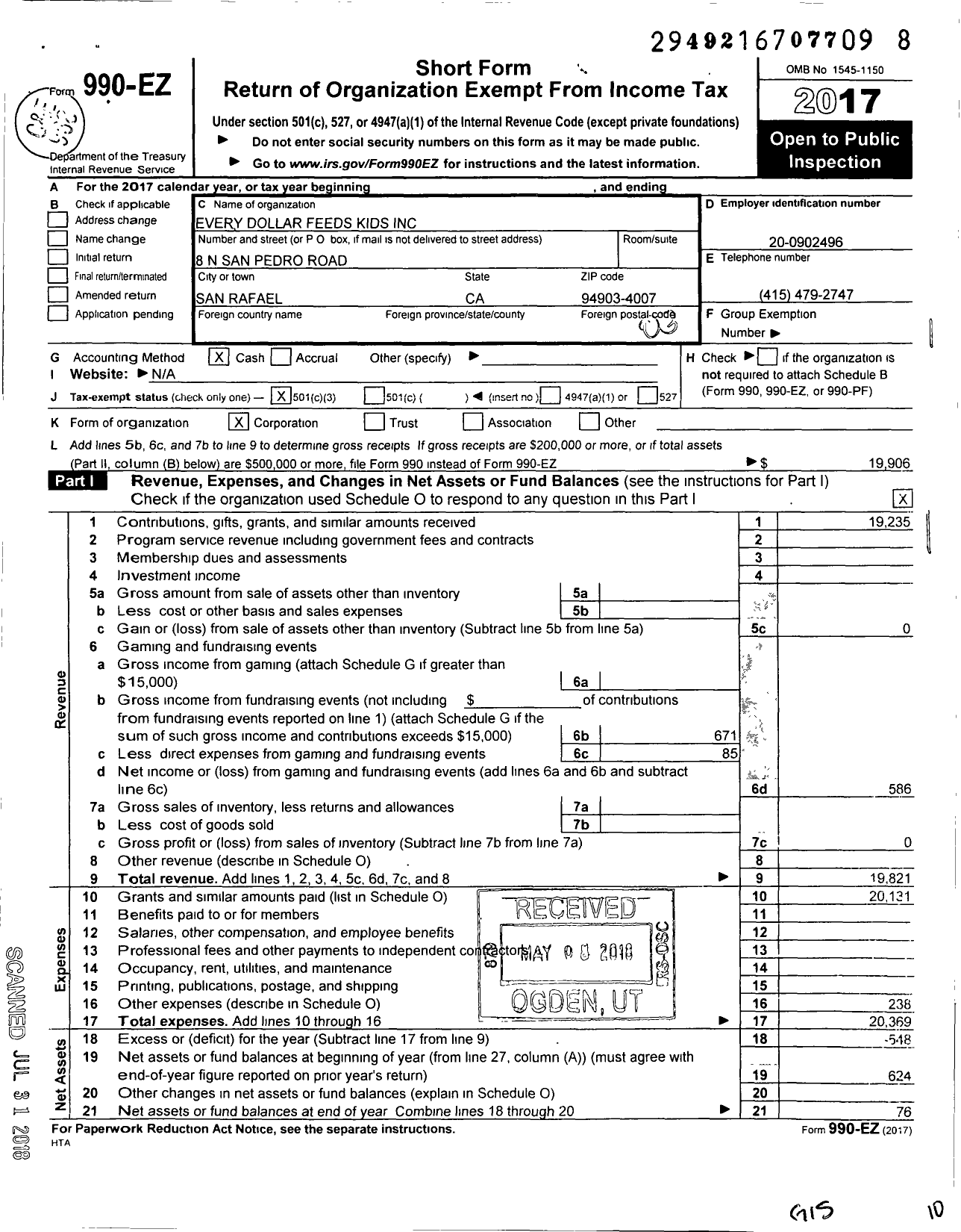 Image of first page of 2017 Form 990EZ for Every Dollar Feeds Kids