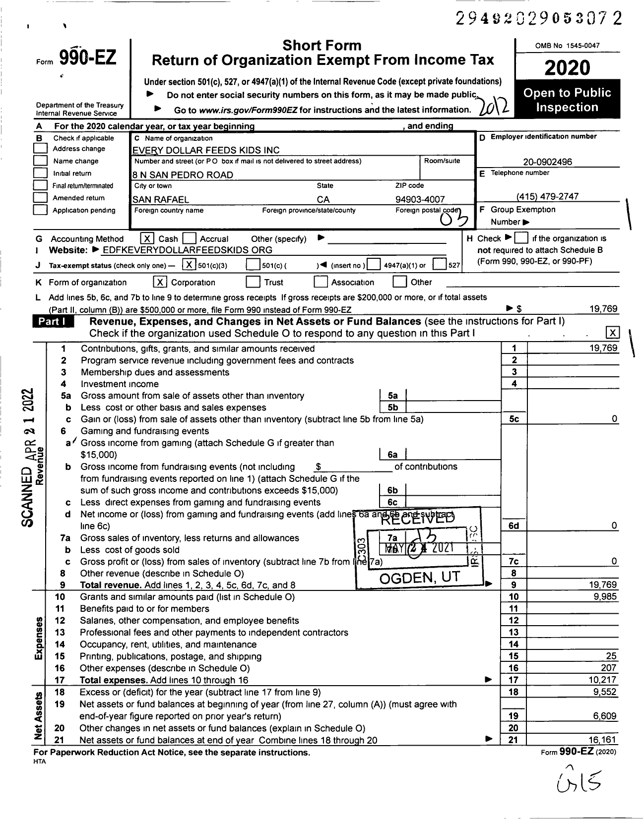 Image of first page of 2020 Form 990EZ for Every Dollar Feeds Kids