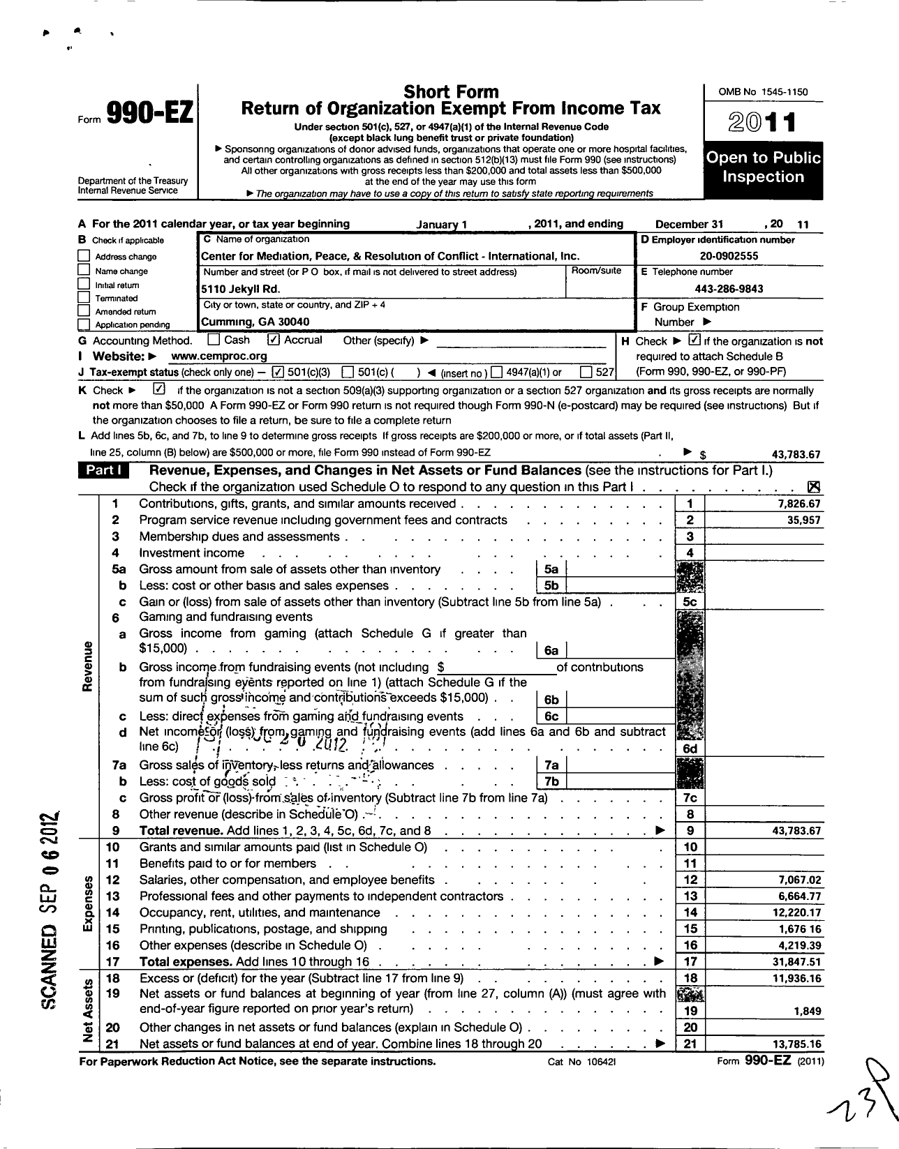 Image of first page of 2011 Form 990EZ for Center for Mediation Peace and Resolution of Conflict-Internation