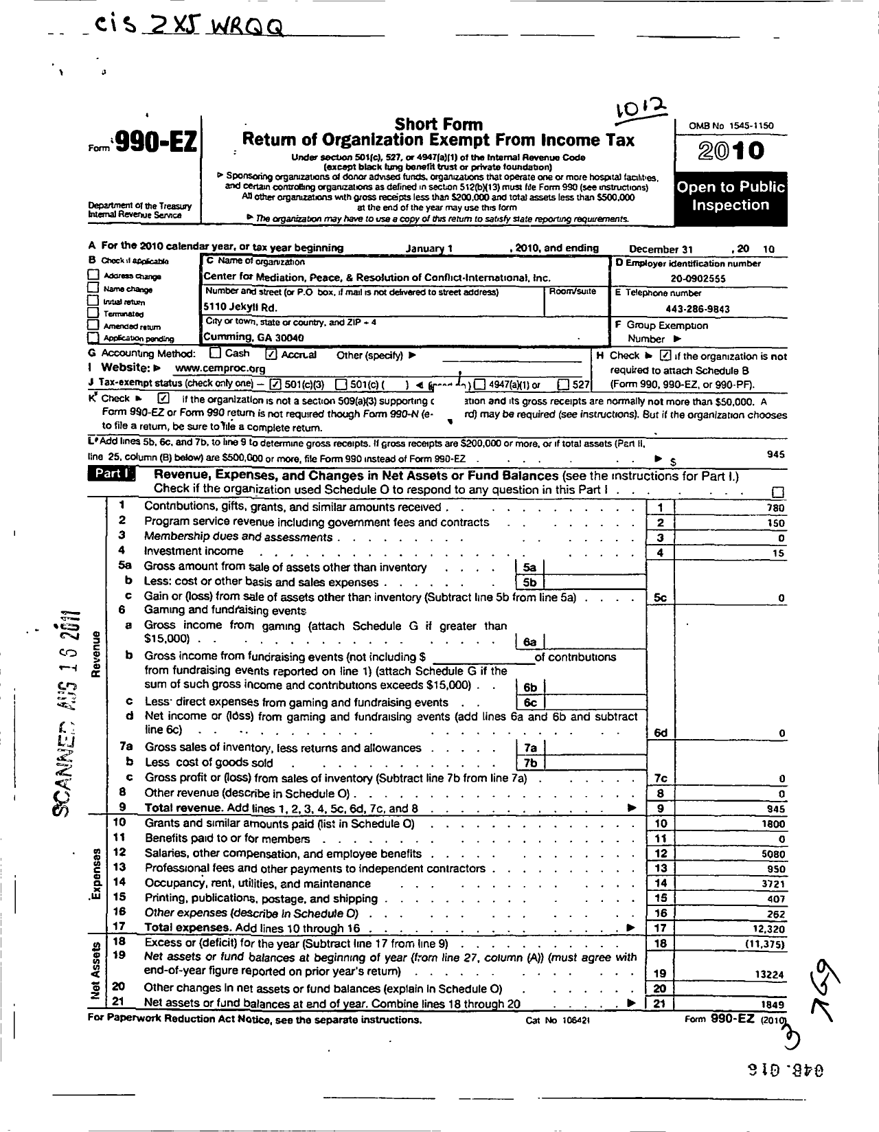 Image of first page of 2010 Form 990EZ for Center for Mediation Peace and Resolution of Conflict-Internation