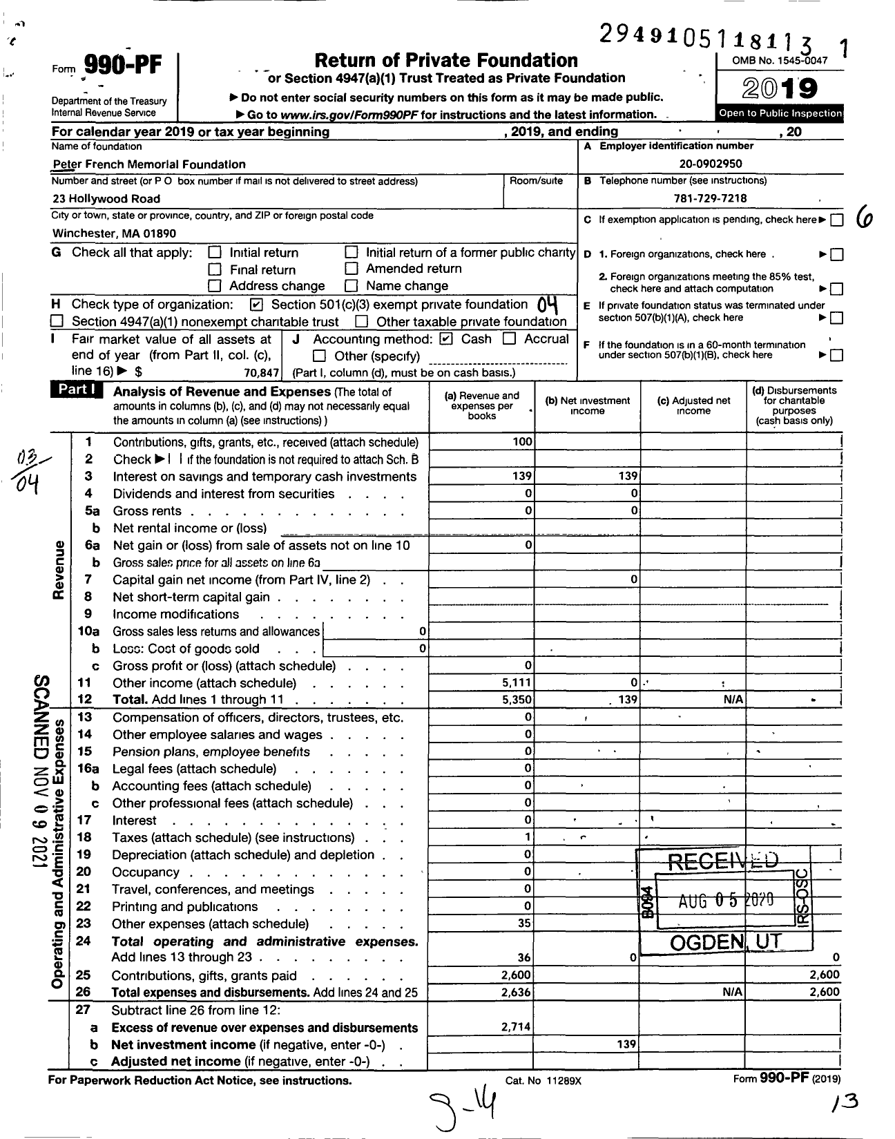 Image of first page of 2019 Form 990PF for Peter French Memorial Foundation