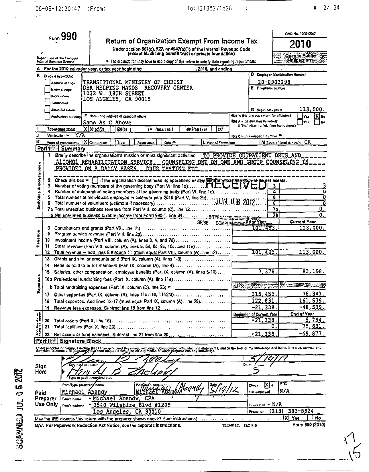 Image of first page of 2010 Form 990 for Transitional Ministry of Christ