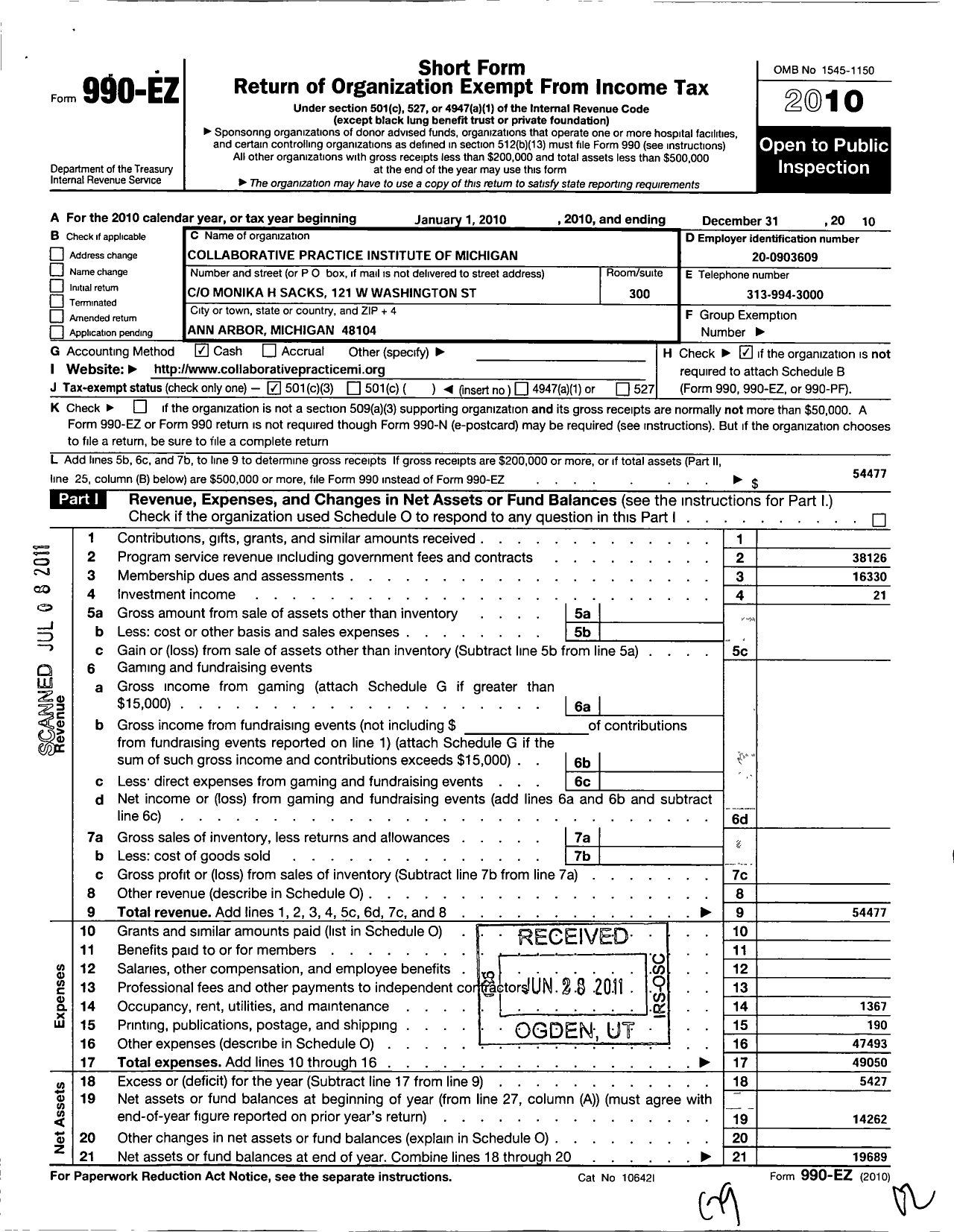 Image of first page of 2010 Form 990EZ for The Collaborative Practice Institute of Michigan