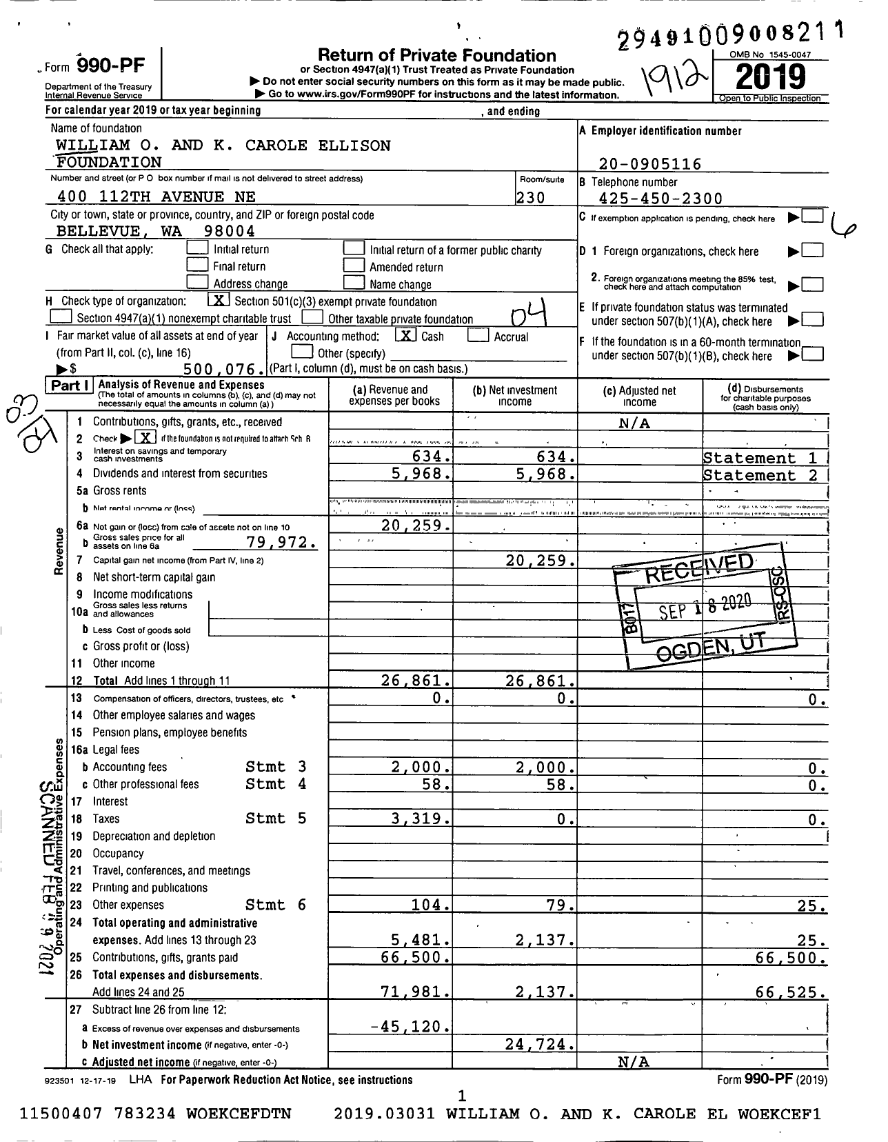 Image of first page of 2019 Form 990PF for William O and K Carole Ellison Foundation