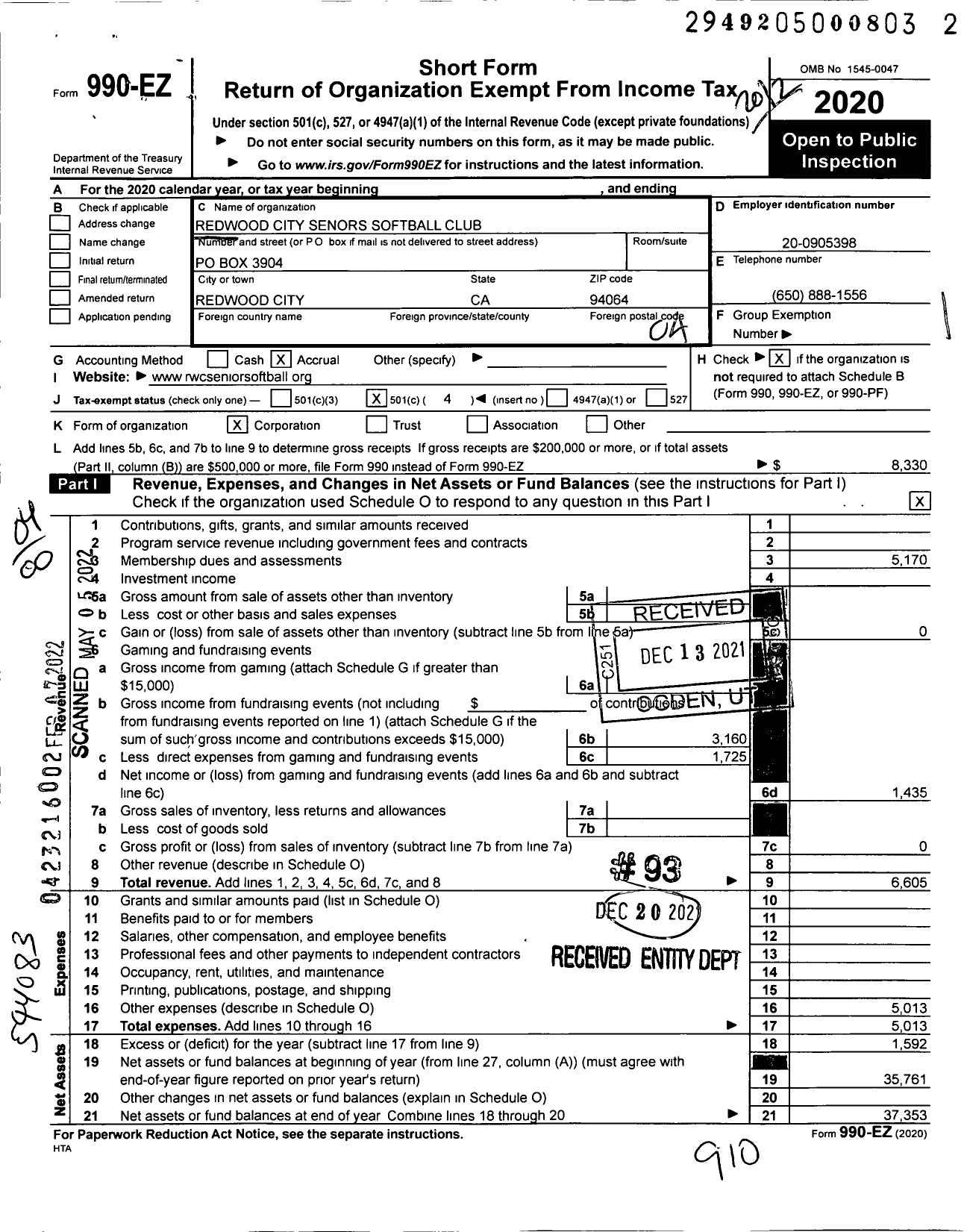 Image of first page of 2020 Form 990EO for Redwood Senors Softball Club