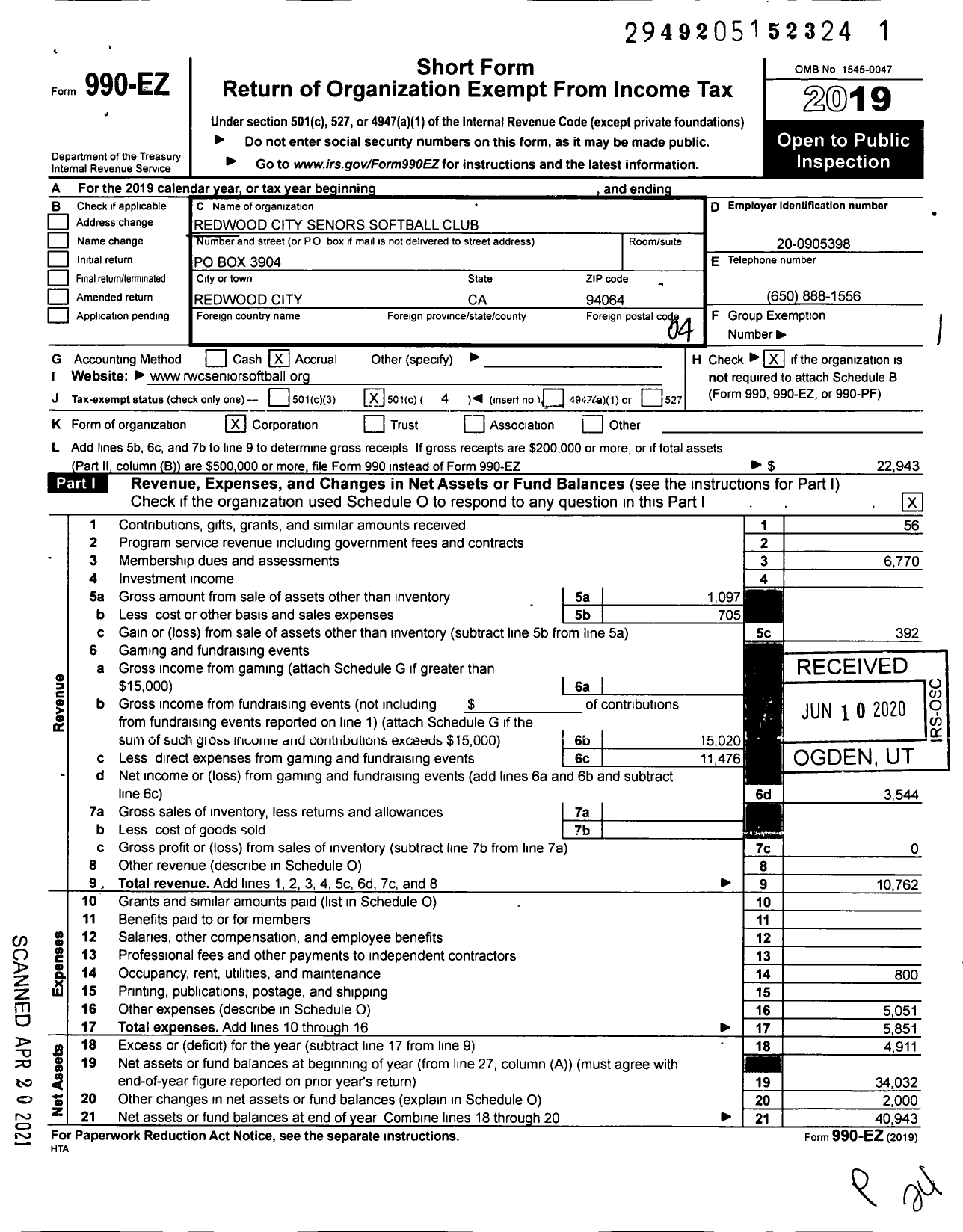 Image of first page of 2019 Form 990EO for Redwood Senors Softball Club