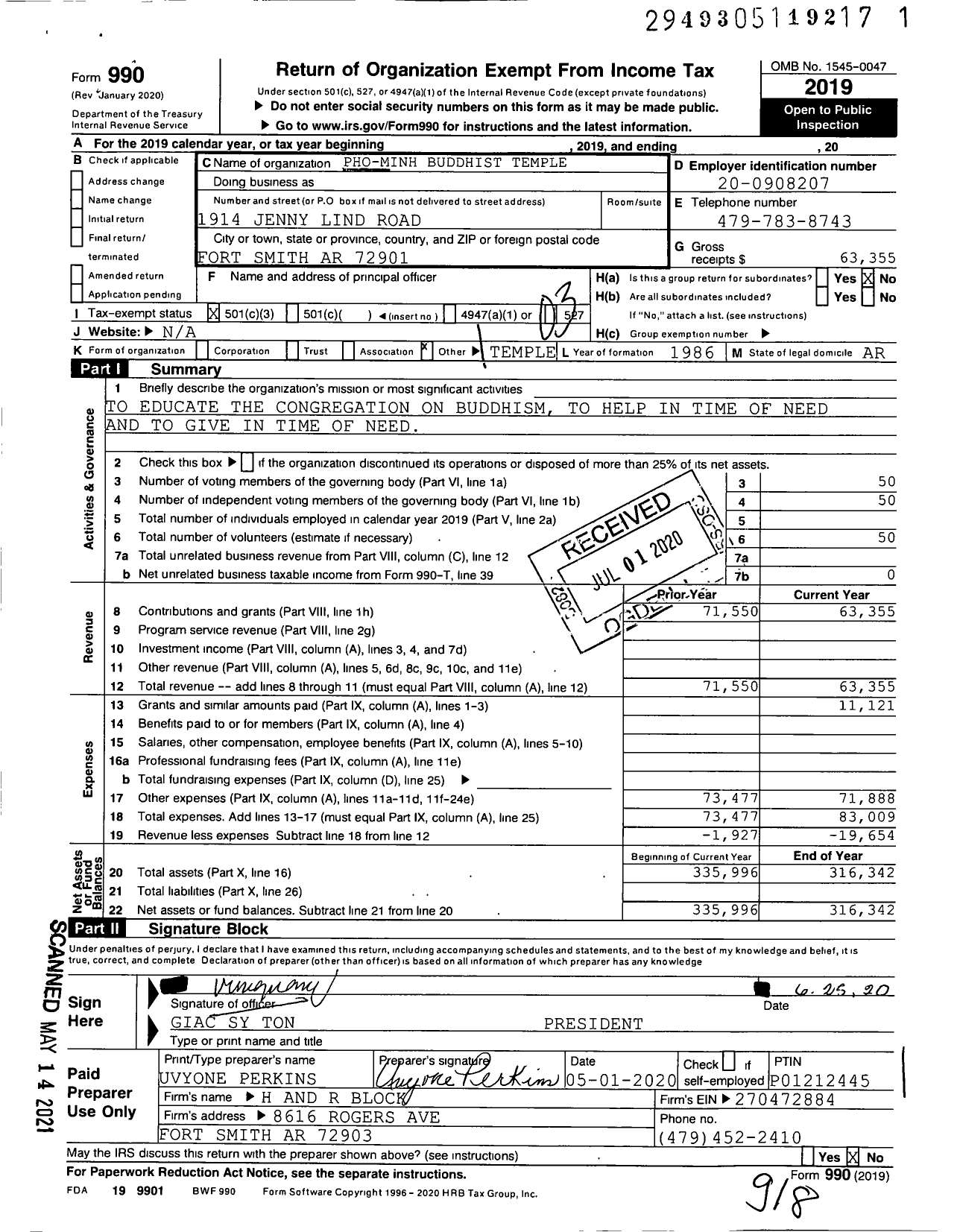 Image of first page of 2019 Form 990 for Pho Minh Buddhist Temple