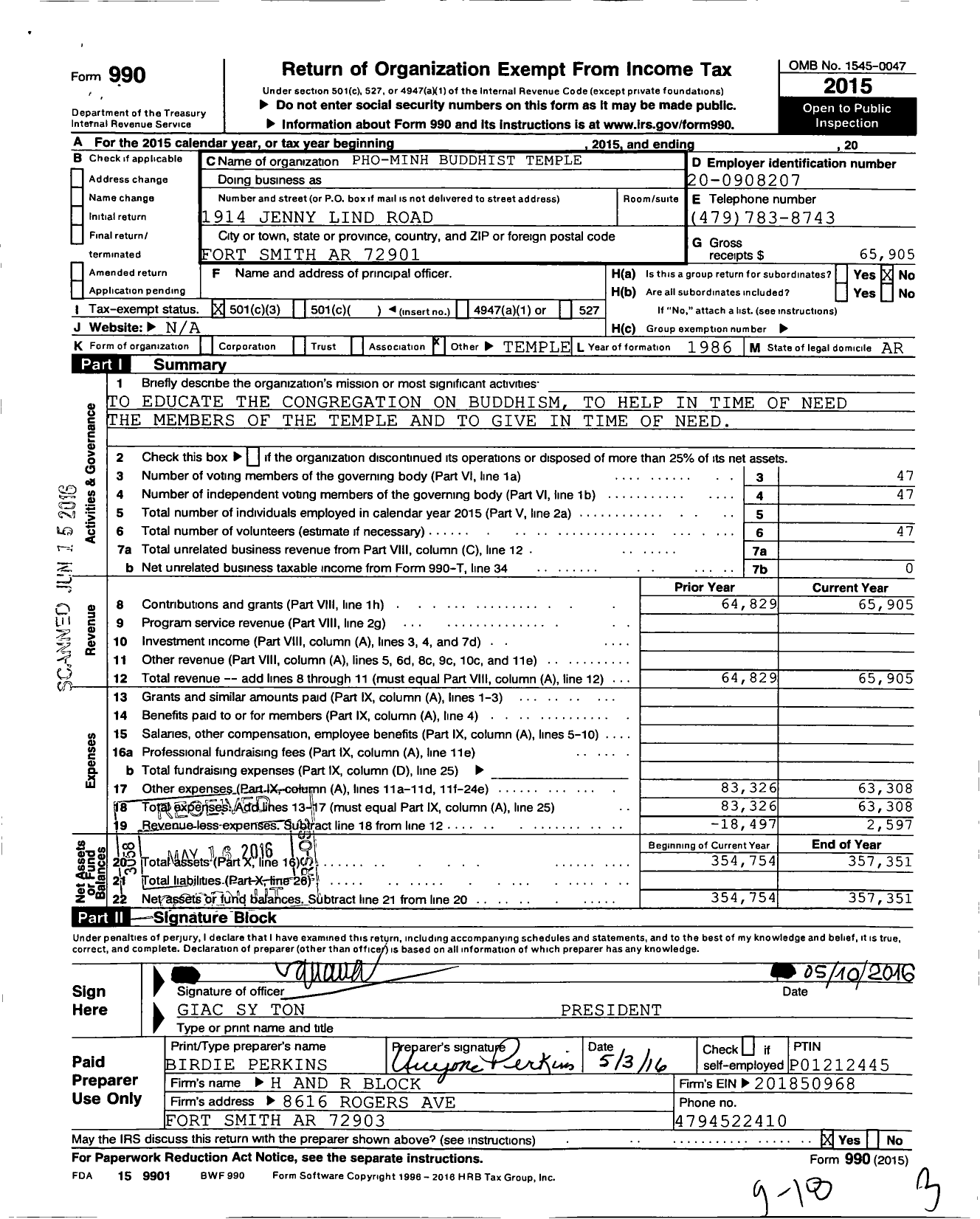 Image of first page of 2015 Form 990 for Pho Minh Buddhist Temple