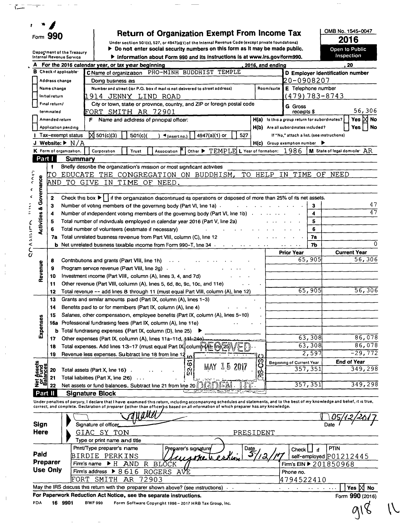 Image of first page of 2016 Form 990 for Pho Minh Buddhist Temple