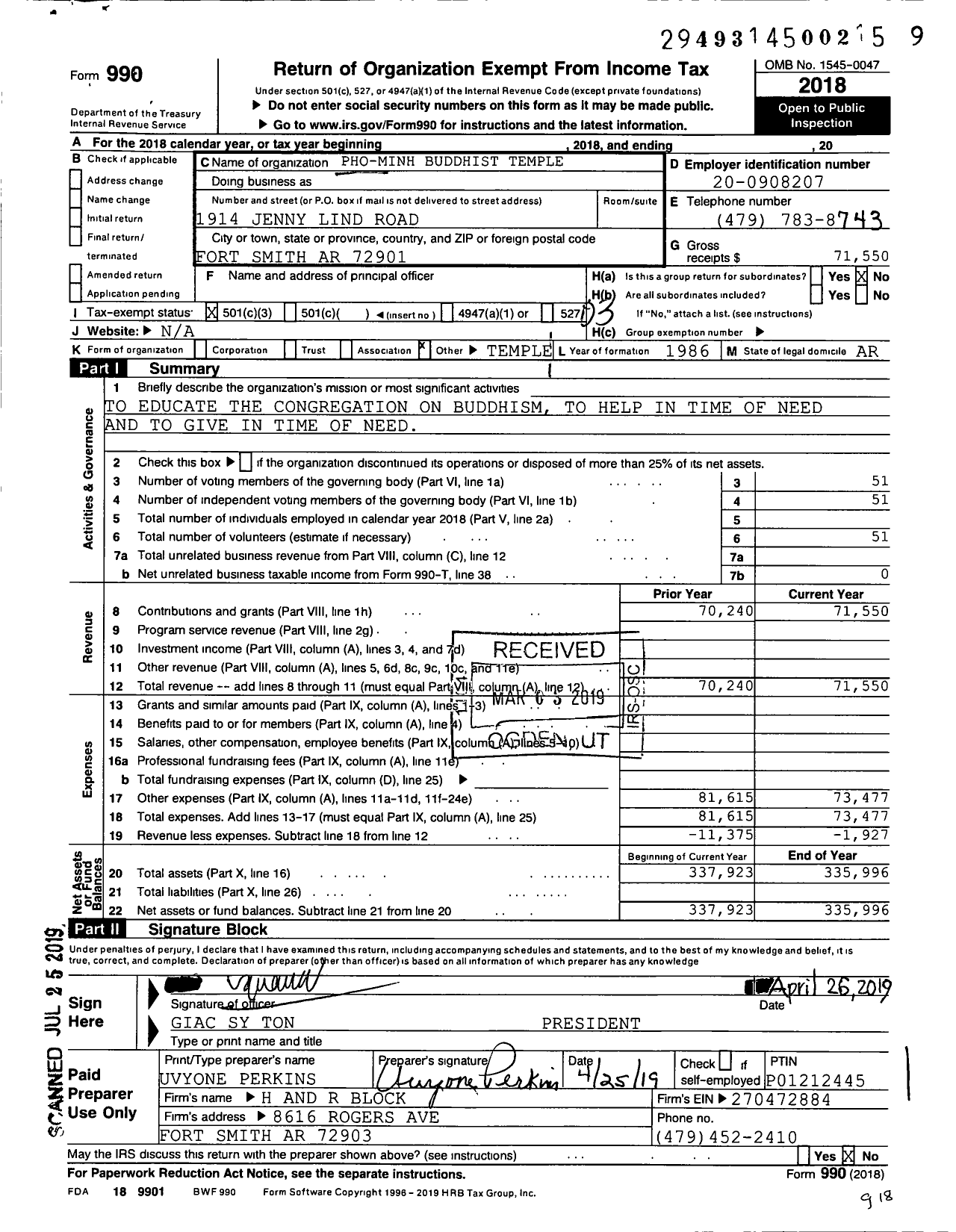 Image of first page of 2018 Form 990 for Pho Minh Buddhist Temple