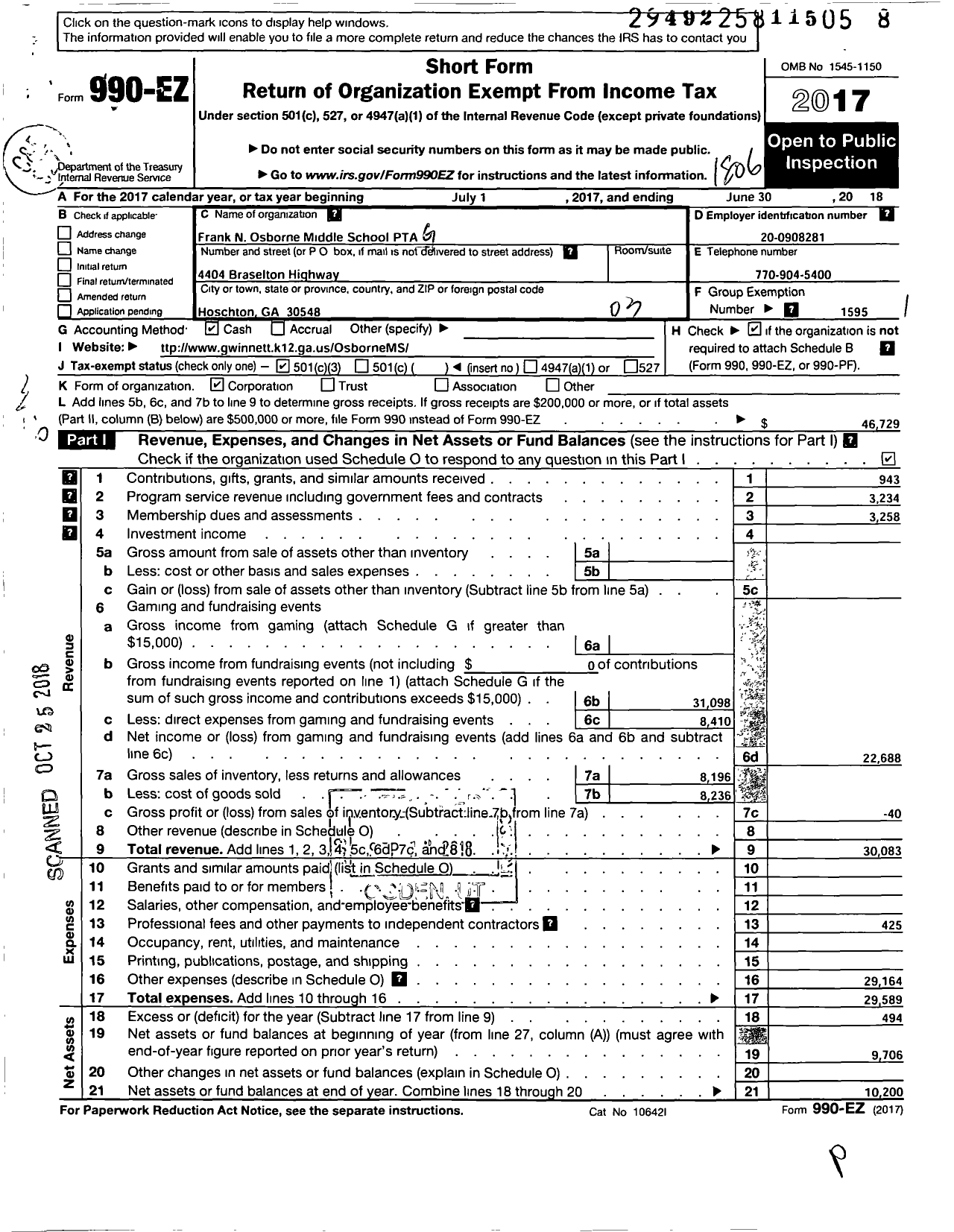 Image of first page of 2017 Form 990EZ for Georgia PTA - Osborne MS PTA