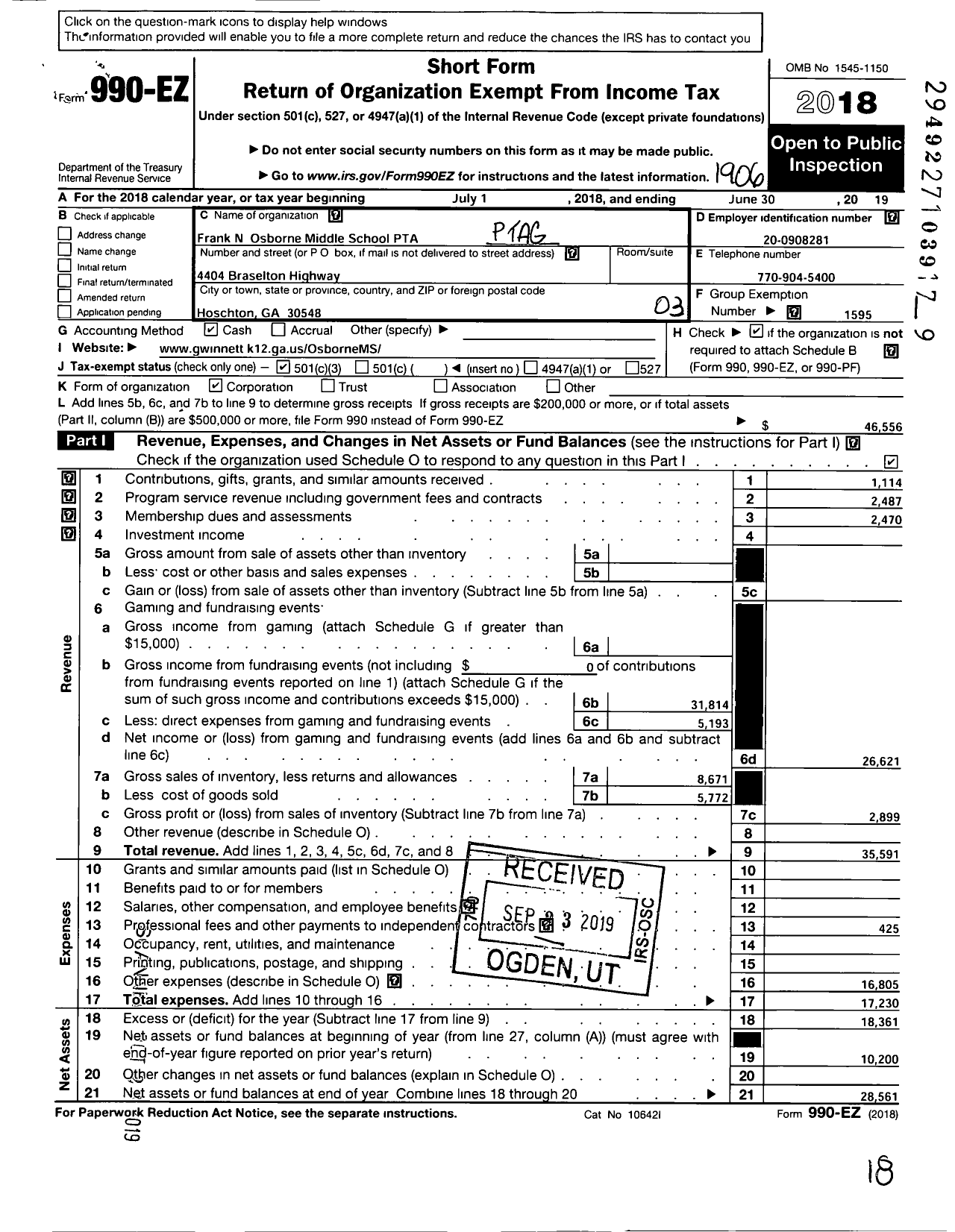 Image of first page of 2018 Form 990EZ for Georgia PTA - Osborne MS PTA