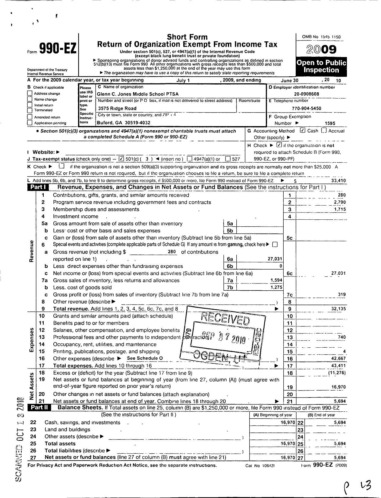 Image of first page of 2009 Form 990EZ for Georgia PTA - Jones MS Ptsa