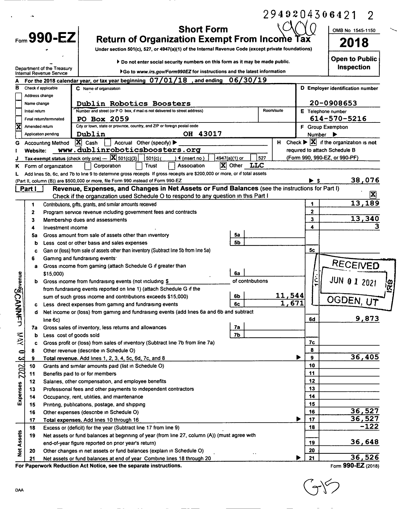 Image of first page of 2018 Form 990EZ for Dublin Robotics Boosters