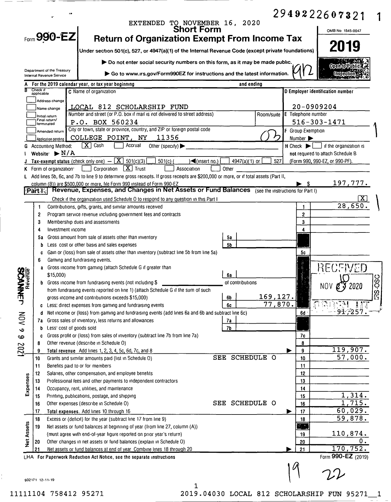 Image of first page of 2019 Form 990EZ for Local 812 Scholarship Fund