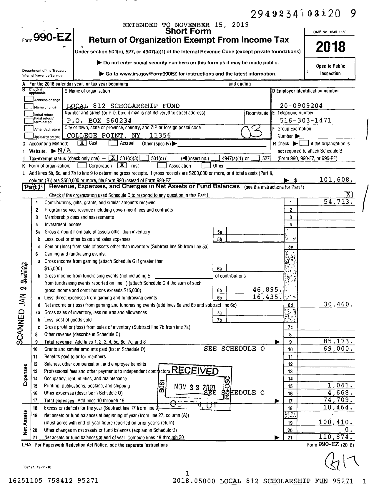 Image of first page of 2018 Form 990EZ for Local 812 Scholarship Fund