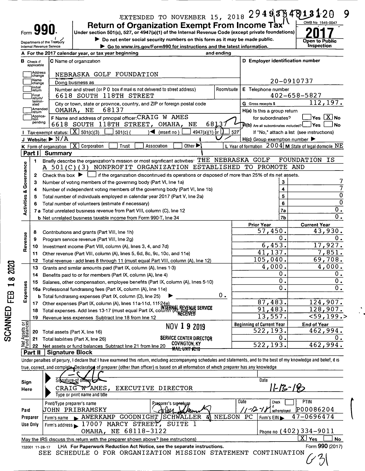 Image of first page of 2017 Form 990 for Nebraska Golf Foundation