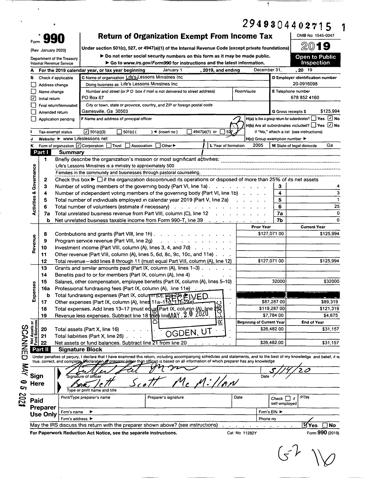 Image of first page of 2019 Form 990 for Lifes Lessons Ministries