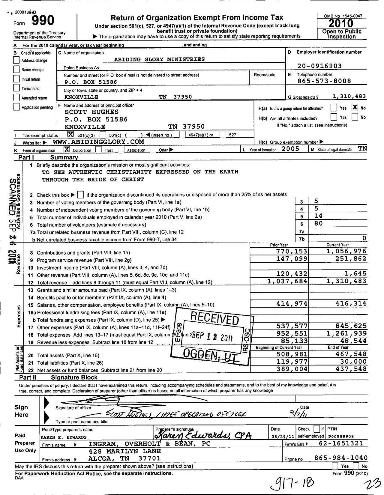 Image of first page of 2010 Form 990 for Abiding Glory Ministries