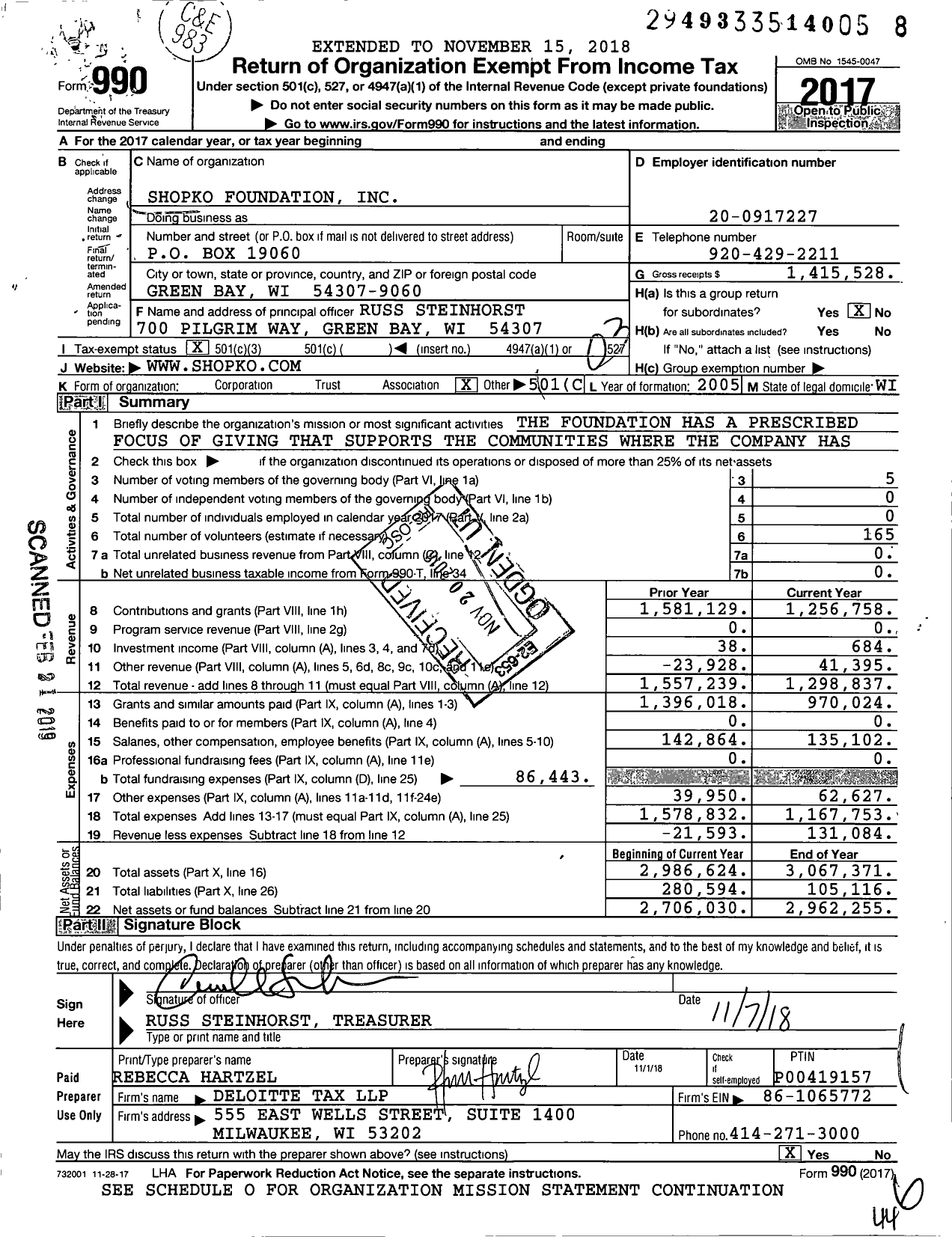 Image of first page of 2017 Form 990 for Shopko Foundation