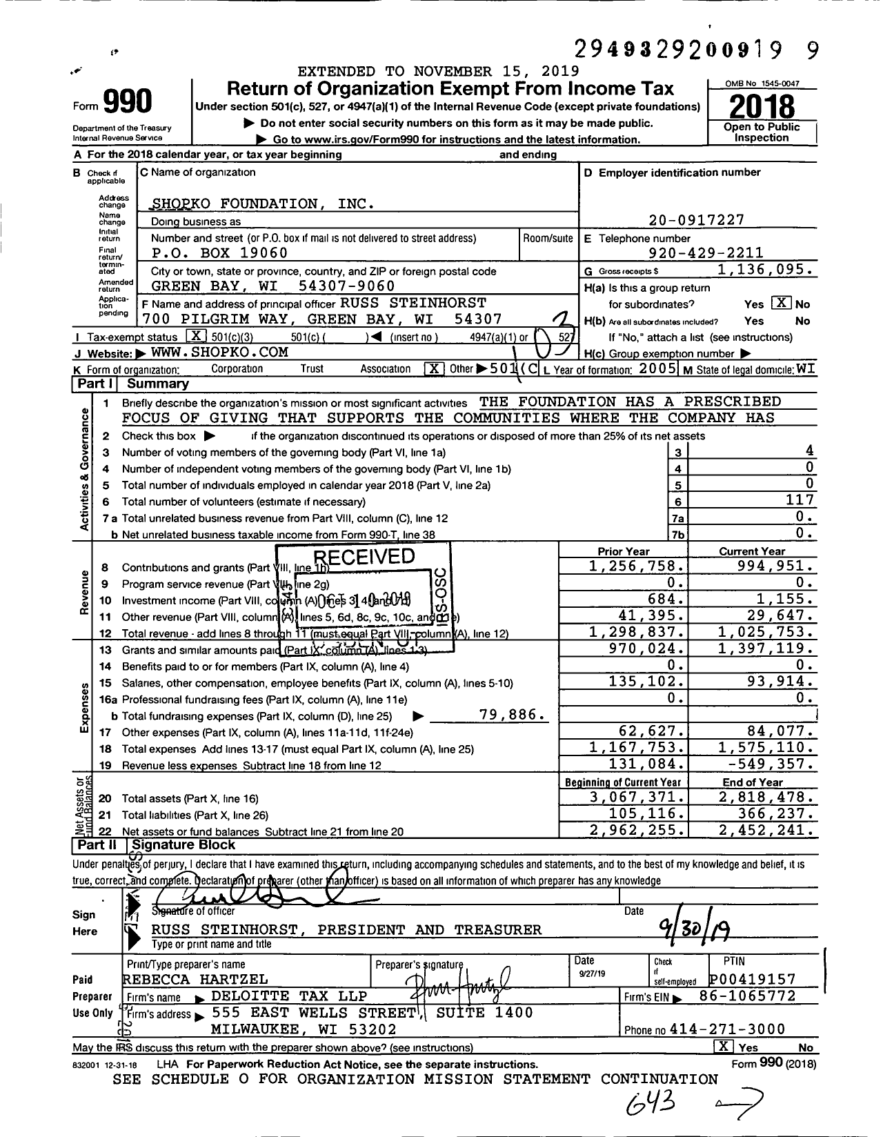 Image of first page of 2018 Form 990 for Shopko Foundation