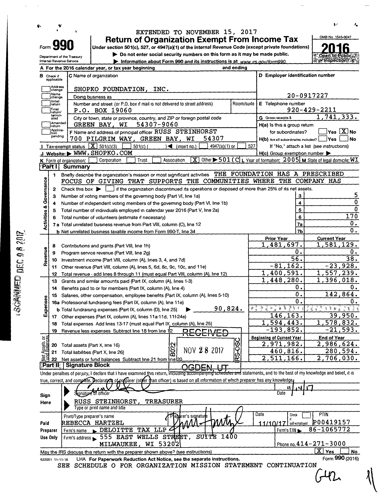 Image of first page of 2016 Form 990 for Shopko Foundation